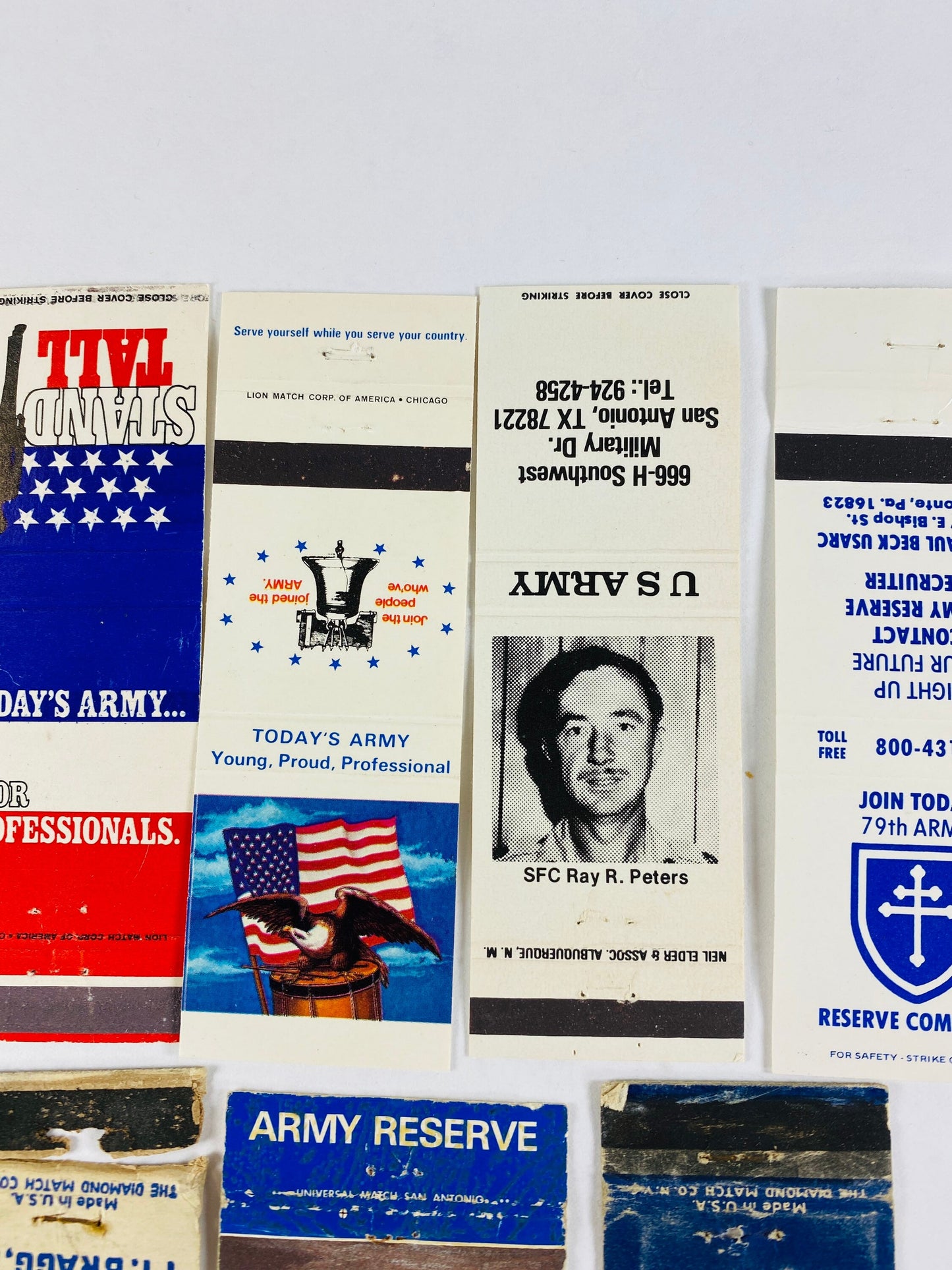 Vintage United States Army Matchbook cover lot advertising San Luis Obispo ARCOM Texas Ft Bragg Pueblo Colorado. 13 covers for matches