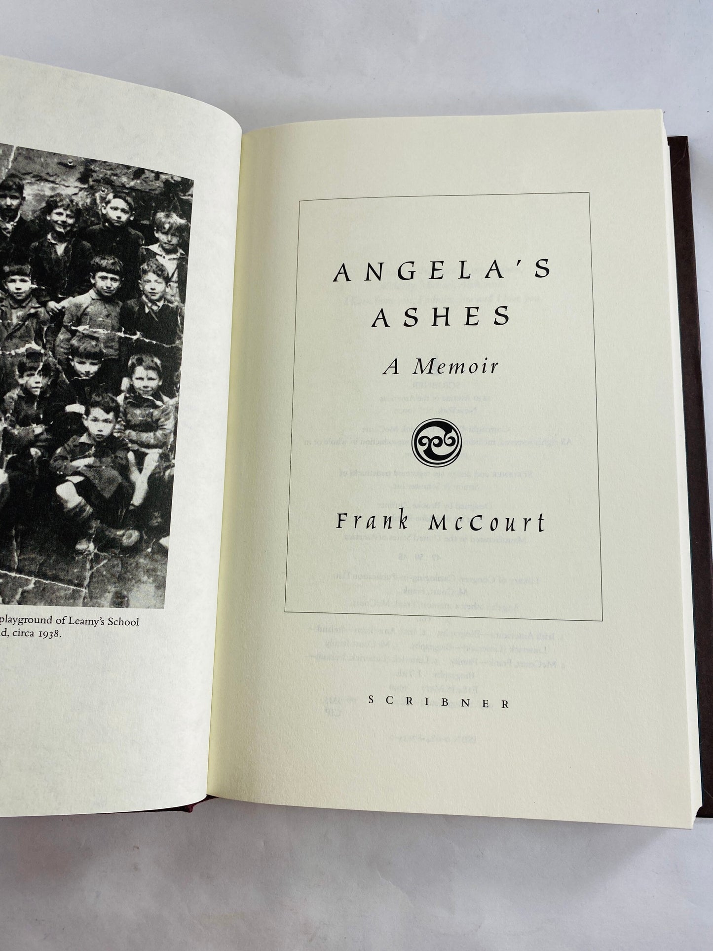 Angela’s Ashes vintage book by Frank McCourt circa 1996, Irish author of Tis. Brown & burgundy bookshelf decor.