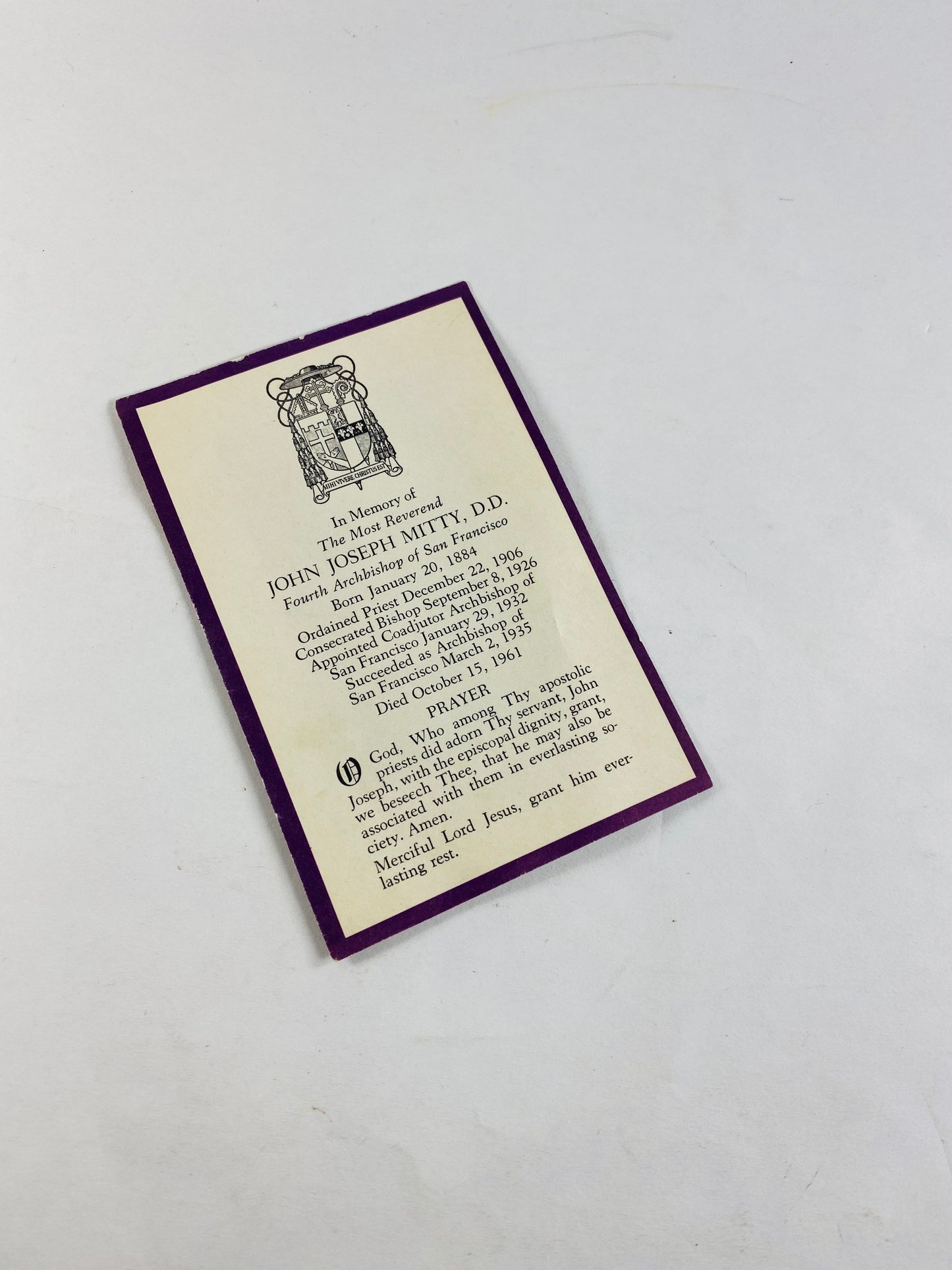 1961 vintage Archbishop John Joseph Mitty San Francisco California church priest death observance in memoriam Catholic prayer card funeral