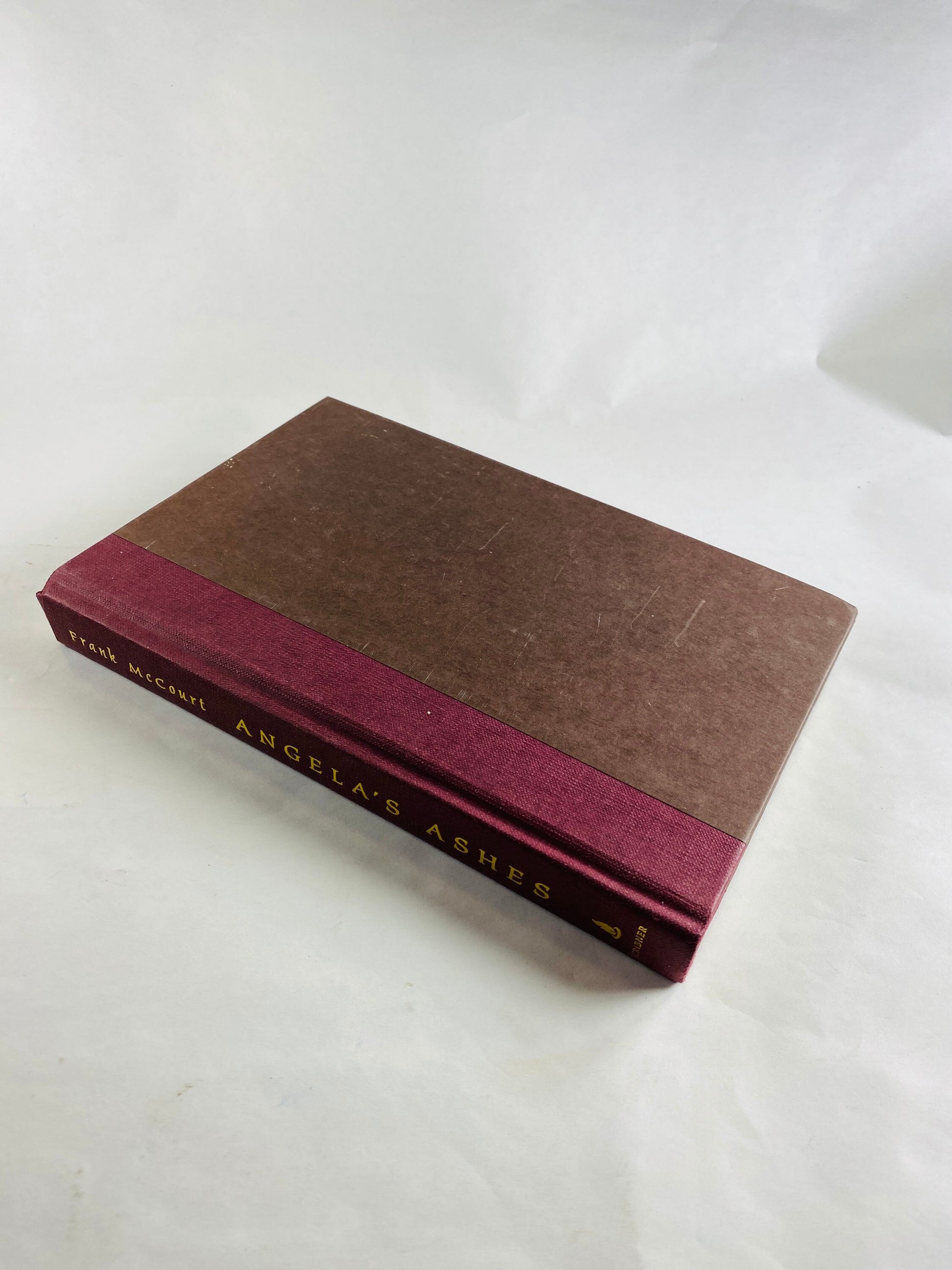 Angela’s Ashes vintage book by Frank McCourt circa 1996, Irish author of Tis. Brown & burgundy bookshelf decor.