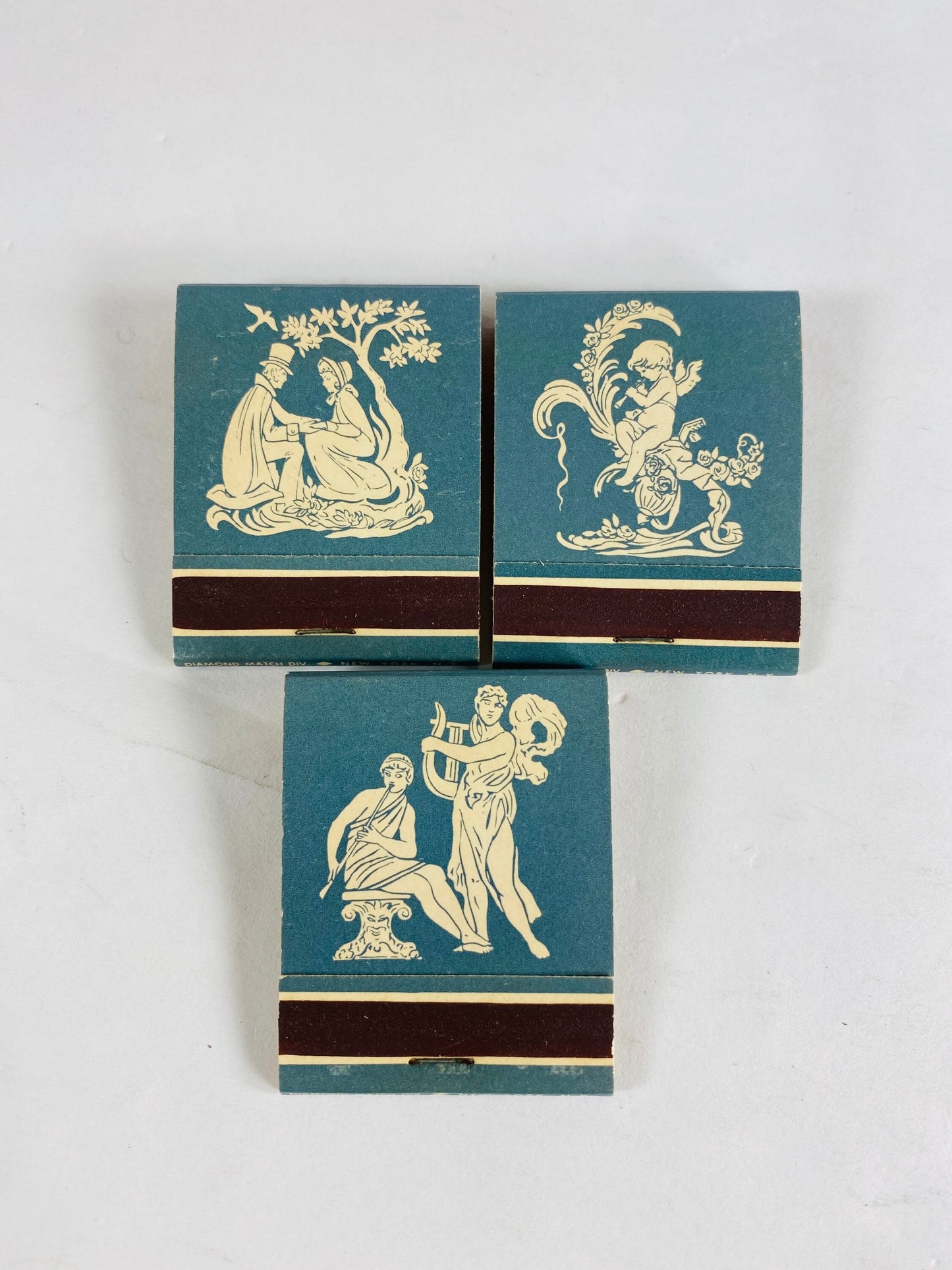 1970 Vintage Diamond Matches lot 3 UNUSED blue & white angelic cottagecore pocket sized Home decor gift candles lighter greek statues