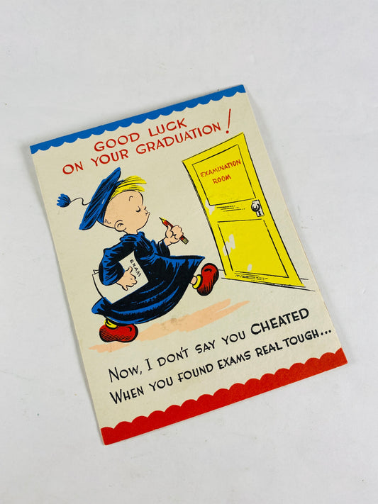 1950 Barker Cards vintage Graduation congratulations card UNUSED featuring graduate who wrote notes up his sleeve Greeting nostalgia