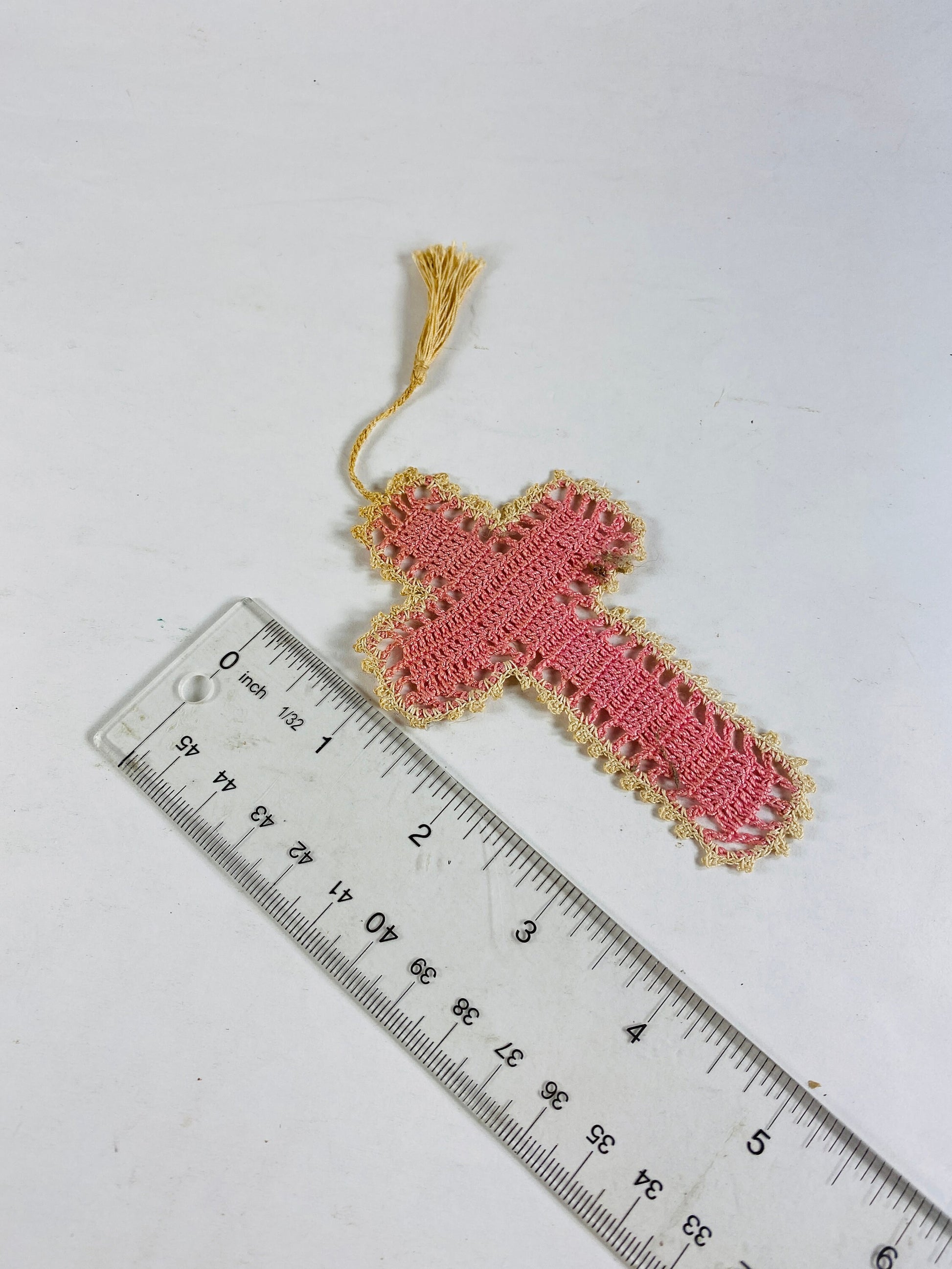 Vintage handmade pink cross bookmark Crochet knitted or macrame religious bookmark unique Christian bible gift! Jesus