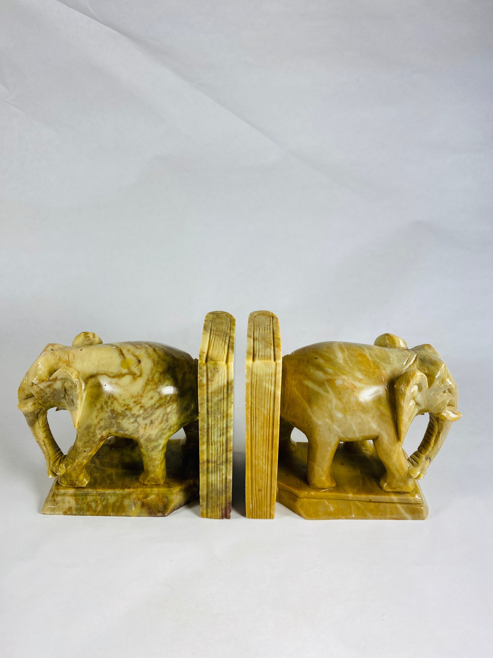 GORGEOUS vintage elephant bookends Highly detailed vintage figural carved marble stone Heavy substantial shelf decor Gift office him her