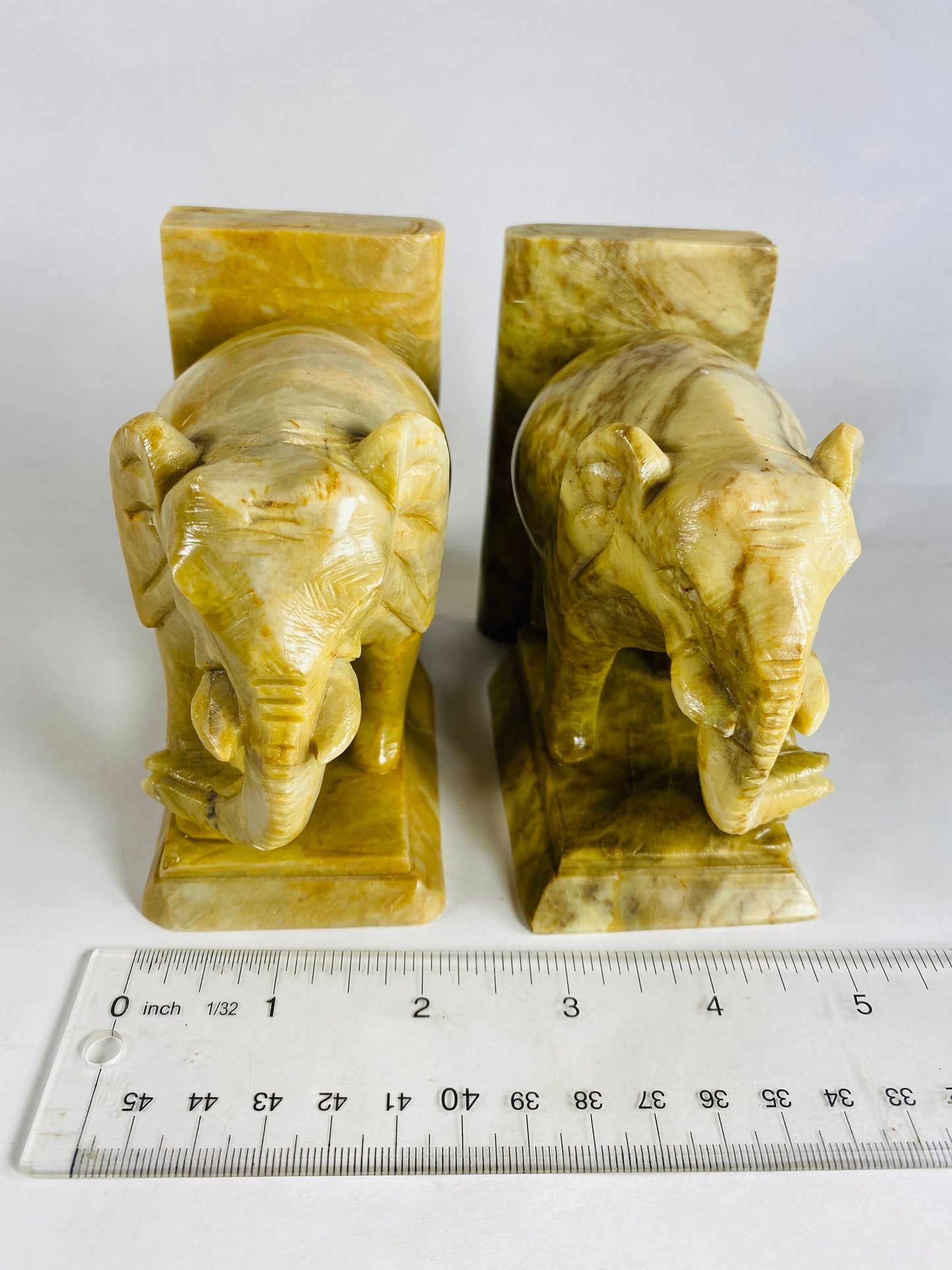 GORGEOUS vintage elephant bookends Highly detailed vintage figural carved marble stone Heavy substantial shelf decor Gift office him her