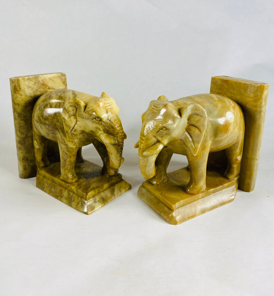 GORGEOUS vintage elephant bookends Highly detailed vintage figural carved marble stone Heavy substantial shelf decor Gift office him her