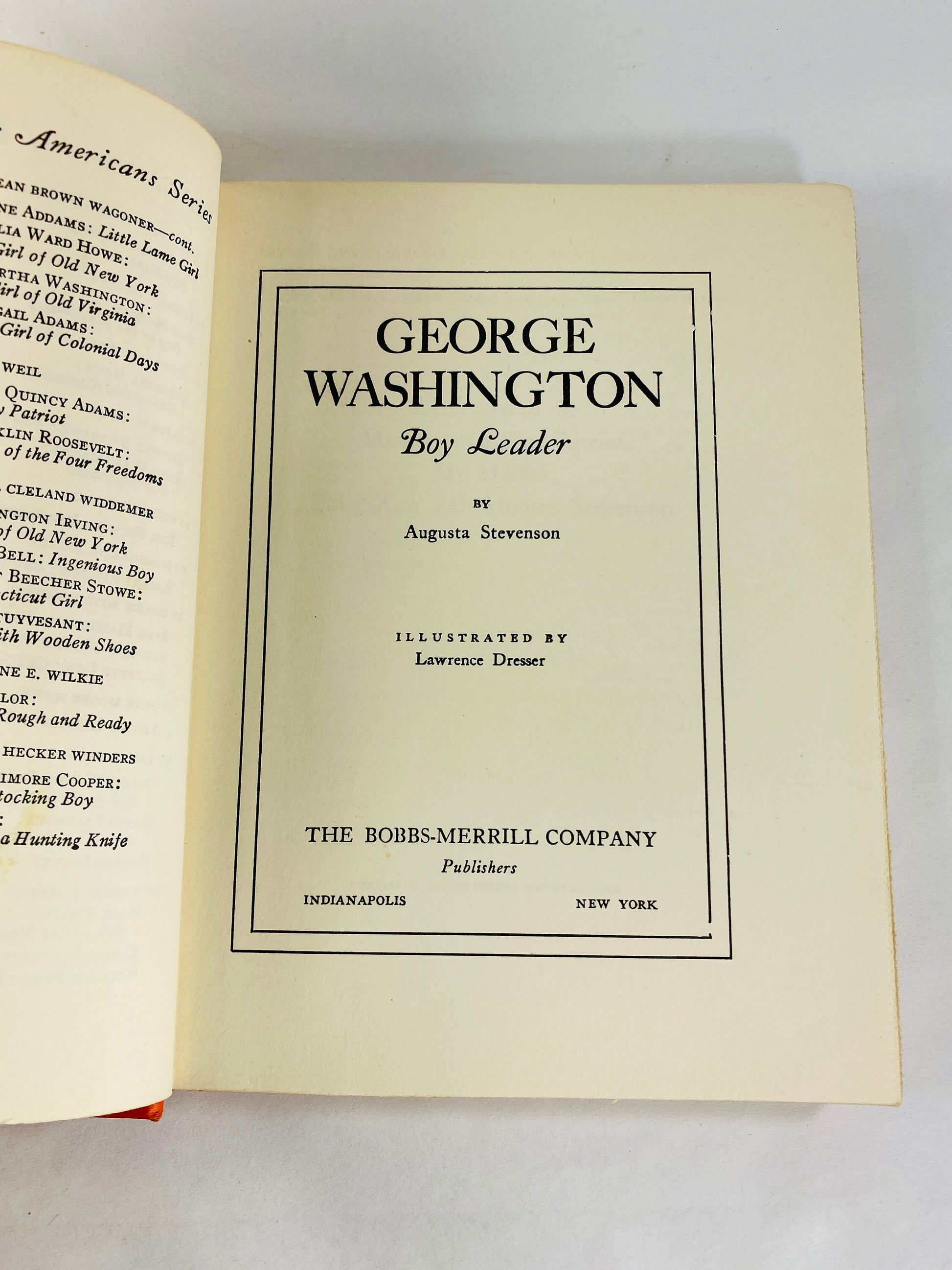 George Washington Boy Leader vintage book circa 1953 by Augusta Stevenson. Biography of the first American president written for children.