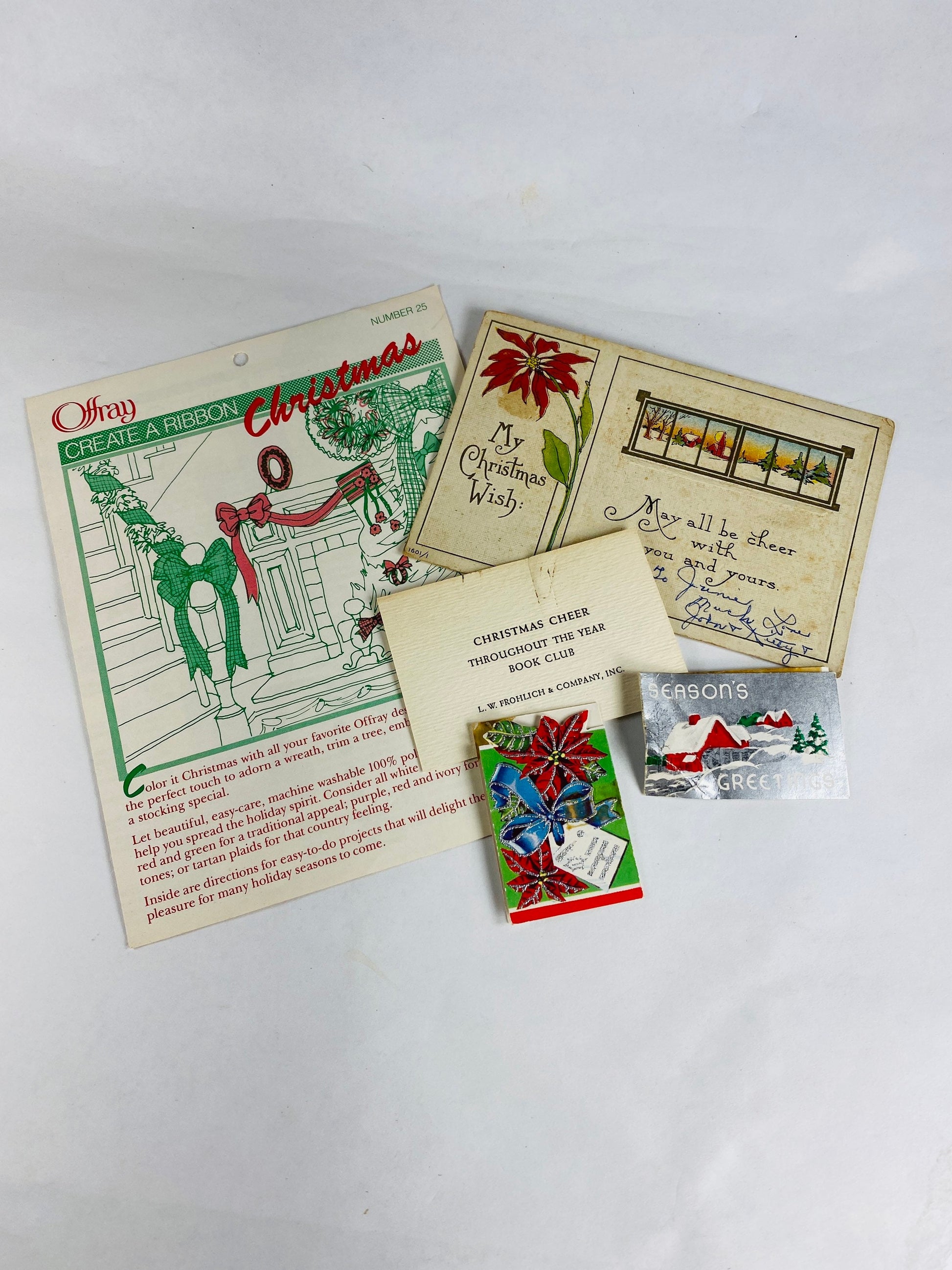 Antique and Vintage Christmas gift tags, postcard, book club card & Offray ribbon instruction booklet. 5 holiday paper lot decor scrapbook