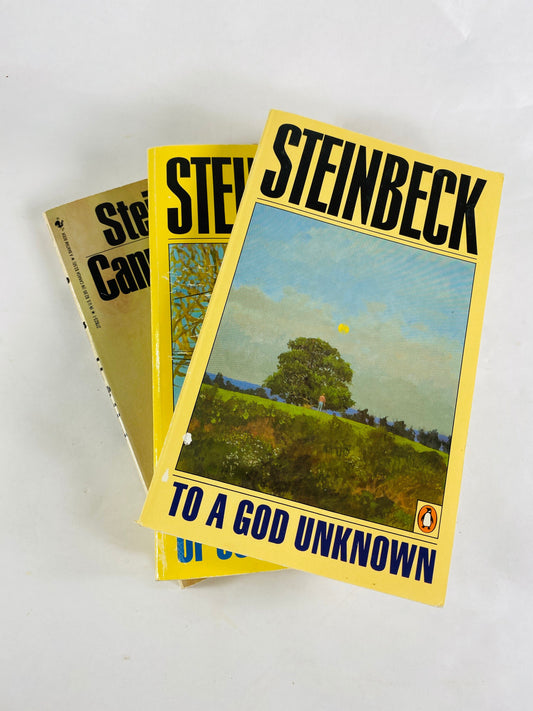 1986 John Steinbeck Vintage paperback book Cannery Row, To a God Unknown, Winter of our Discontent Pulitzer Prize Stocking stuffer Penguin