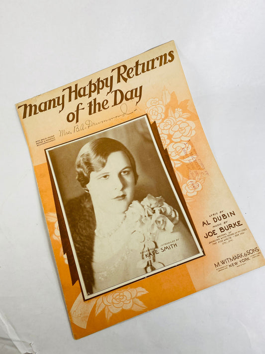 1930 vintage Many Happy Returns of the Day musical score Al Dubin Joe Burke. Ann Leaf sheet music