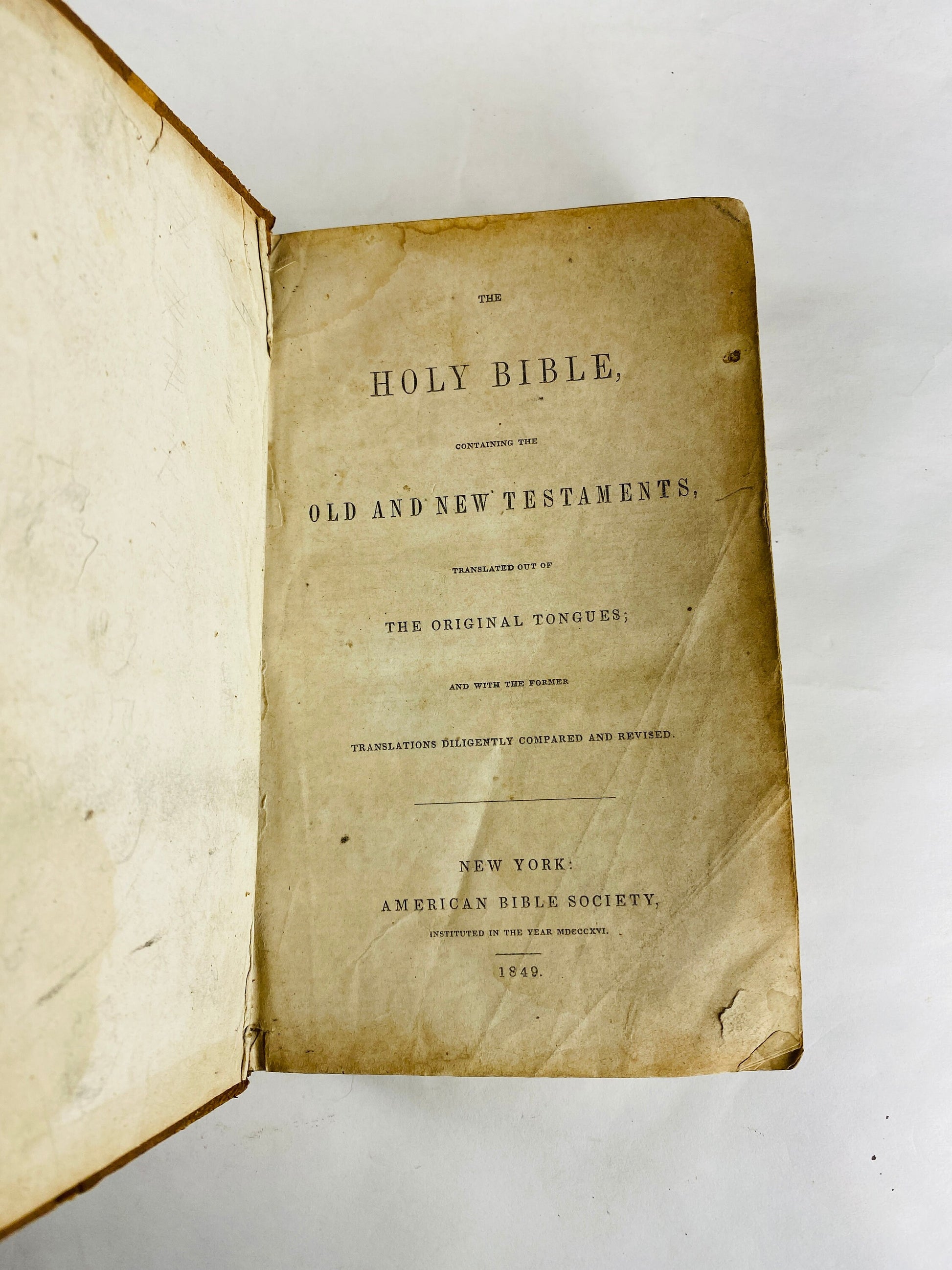 1849 Holy Bible New York American Bible Society Worn brown leather cover New & Old Testaments pre Civil War era home bookshelf decor