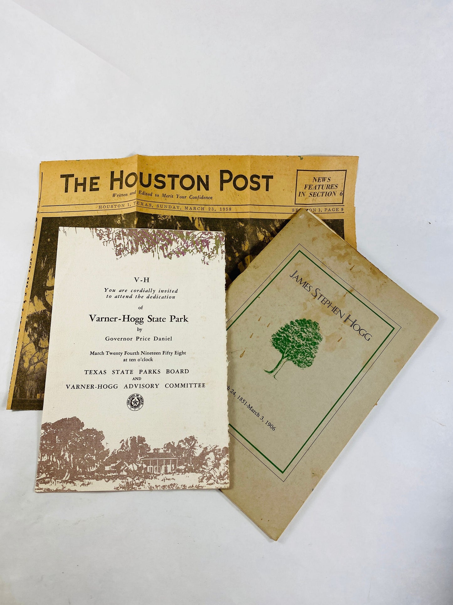 1958 Varner Hogg Houston family vintage dedication news article & Texas history booklet family donated land given by Stephen F Austin 1824