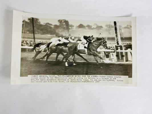 1957 Jockey John Longden ORIGINAL still Press Litho Photo on Our Betters in the Santa Margarita at Santa Anita 4996th win