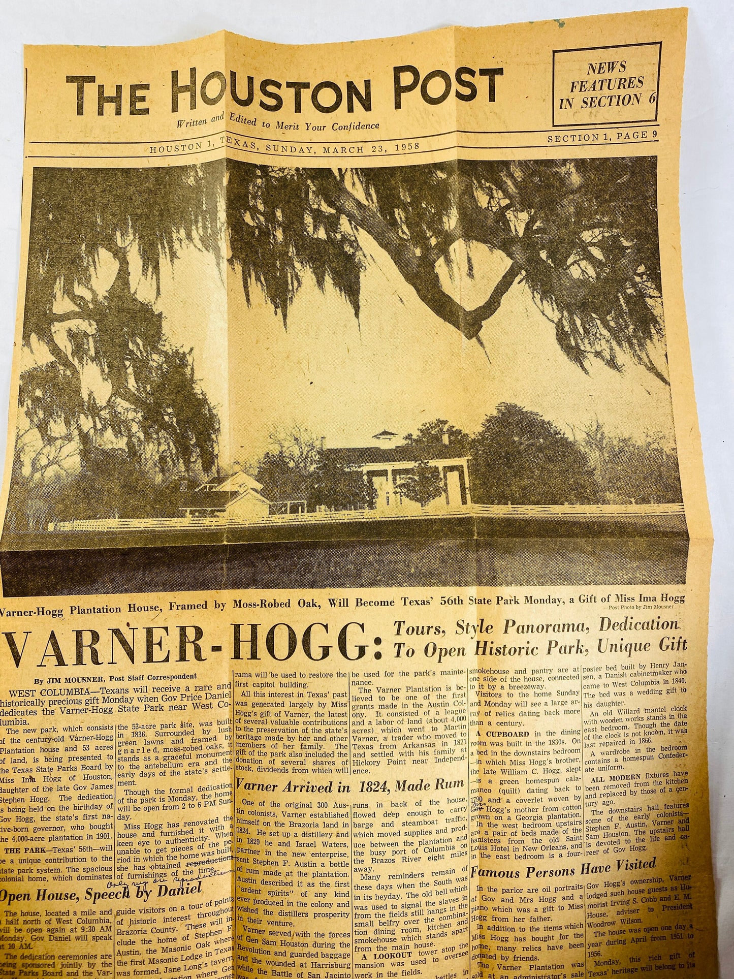 1958 Varner Hogg Houston family vintage dedication news article & Texas history booklet family donated land given by Stephen F Austin 1824