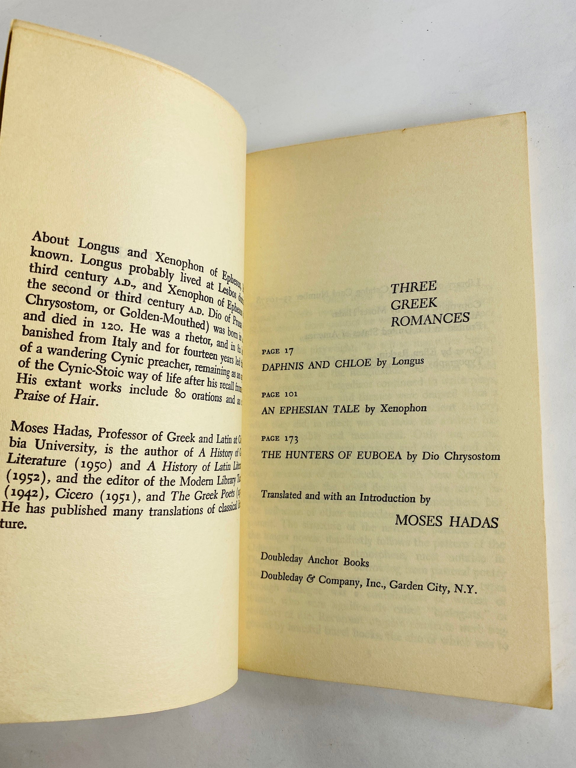 Three Greek Romances vintage Doubleday Anchor paperback book Daphnis and Cloe, Ephesian Tale, Hunters of Euboea circa 1953 Moses Hadas