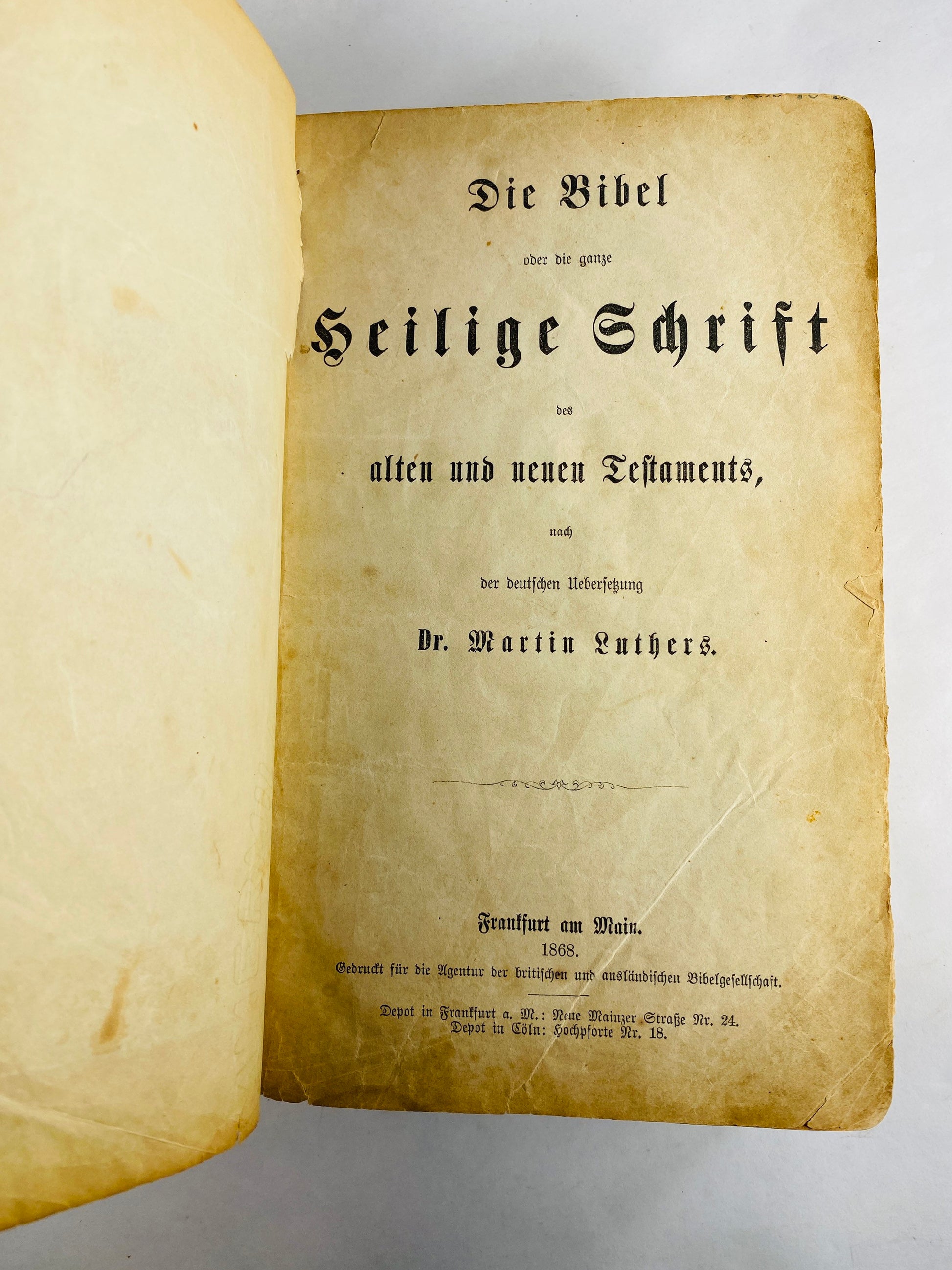 1868 vintage Leather Holy Bible in German with commentary by Martin Luther antique book Poor Condition printed in Frankfurt