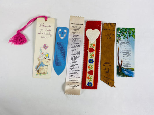 Vintage Bookmark lot 6 1980s bookmarks made of various textiles leather paper fabric cat friends Lord’s Prayer Christian Bible hearts