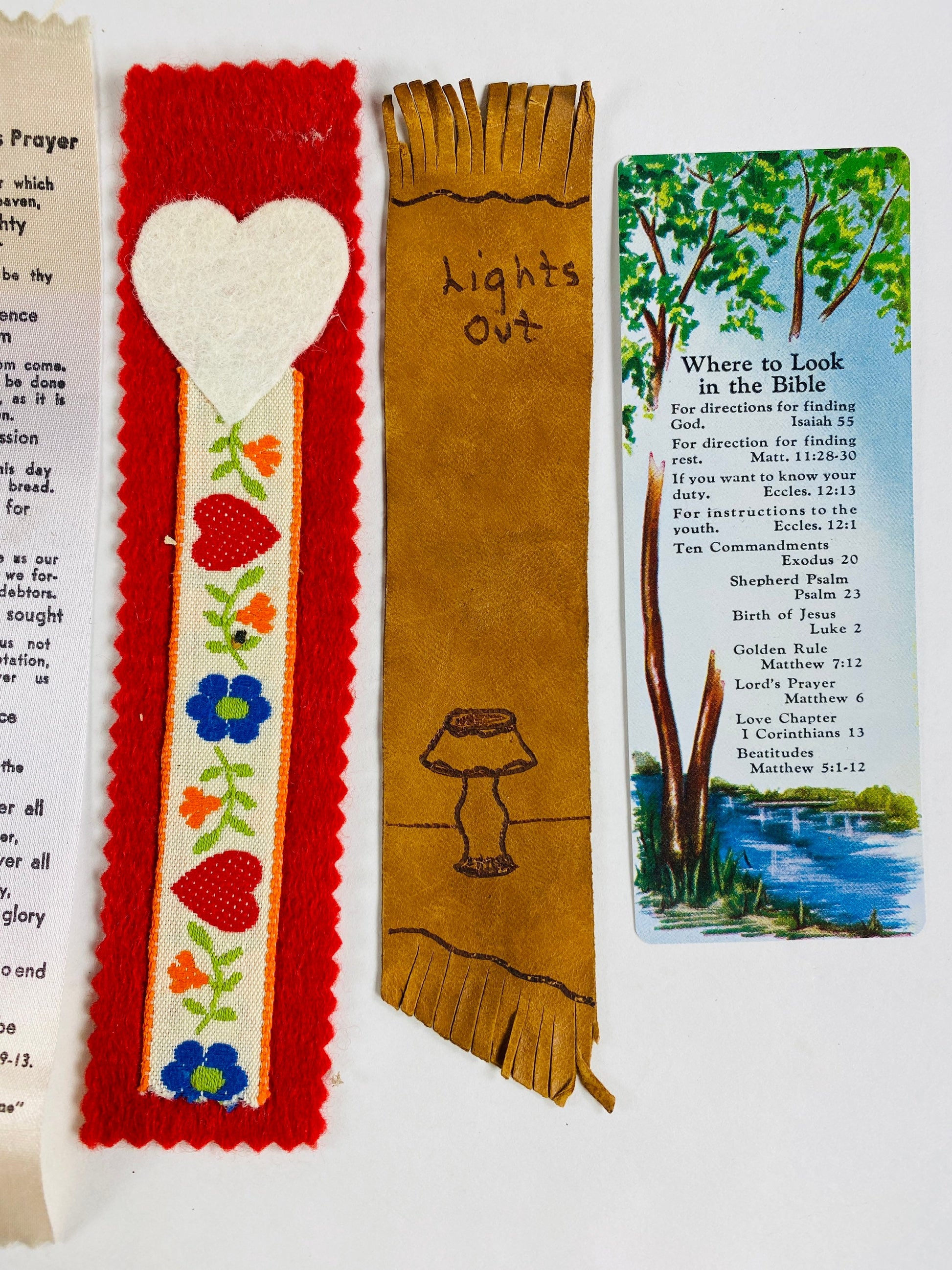 Vintage Bookmark lot 6 1980s bookmarks made of various textiles leather paper fabric cat friends Lord’s Prayer Christian Bible hearts