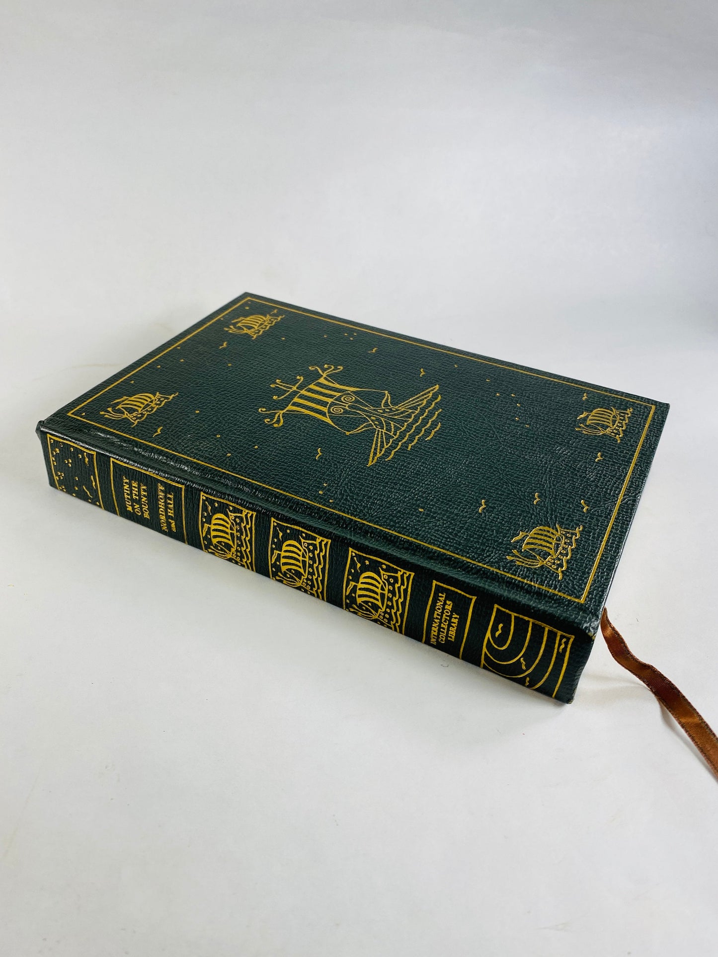 Mutiny on the Bounty vintage green leatherette book by Charles Nordhoff and James Norman Hall circa 1969. Father's Day gift bookshelf decor