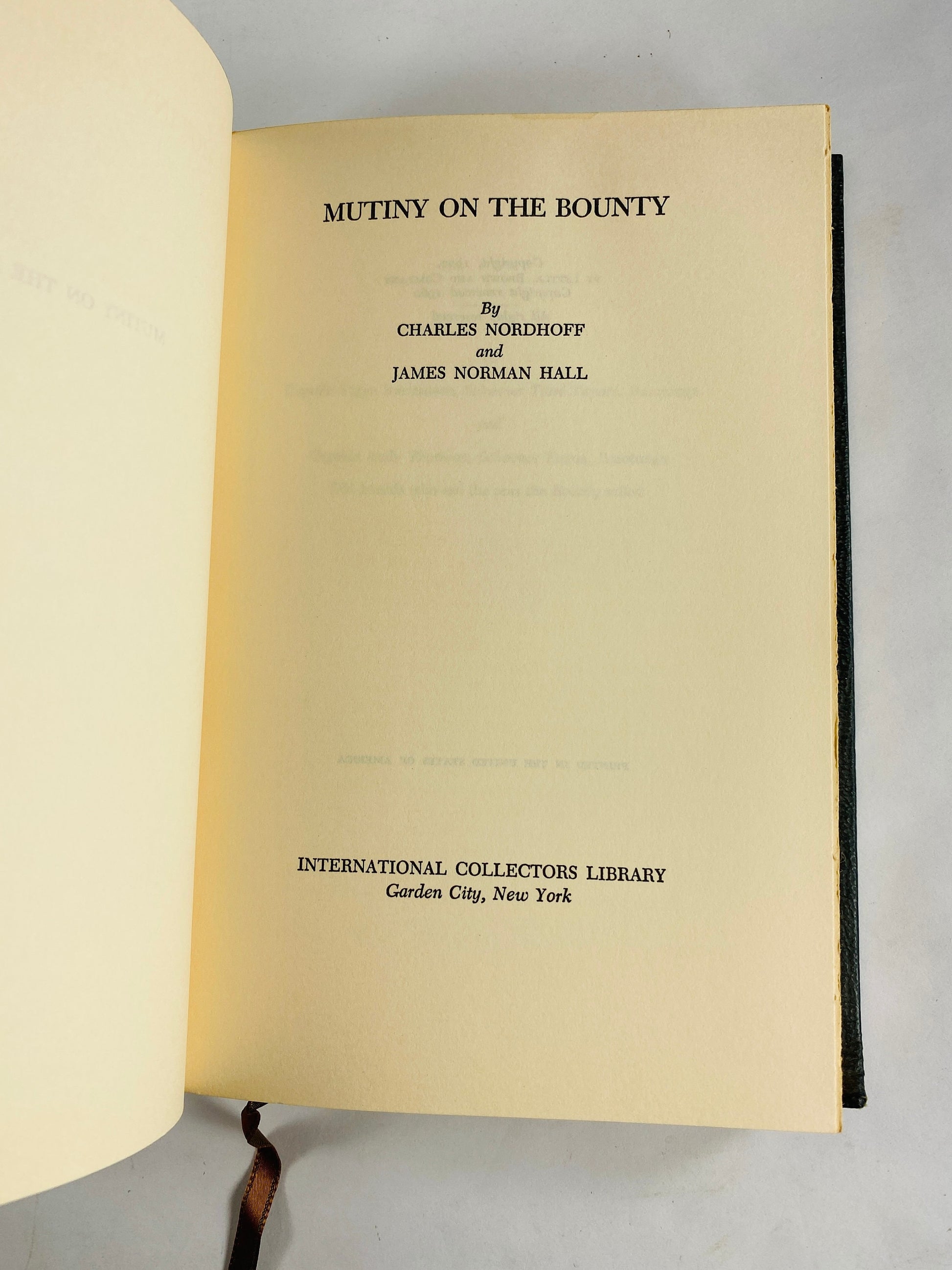 Mutiny on the Bounty vintage green leatherette book by Charles Nordhoff and James Norman Hall circa 1969. Father's Day gift bookshelf decor