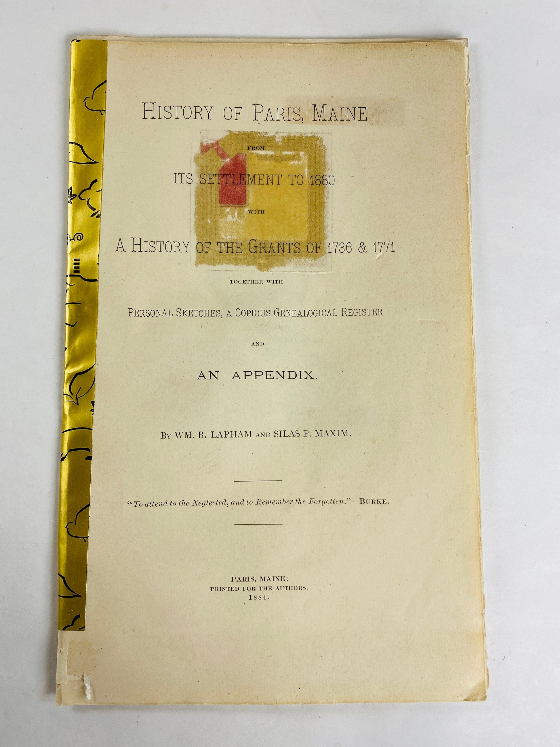 1884 History of Paris Maine vintage booklet by Lapham & Silas Maxim 8 pages with sketches and photographs (likely pieced from original book)