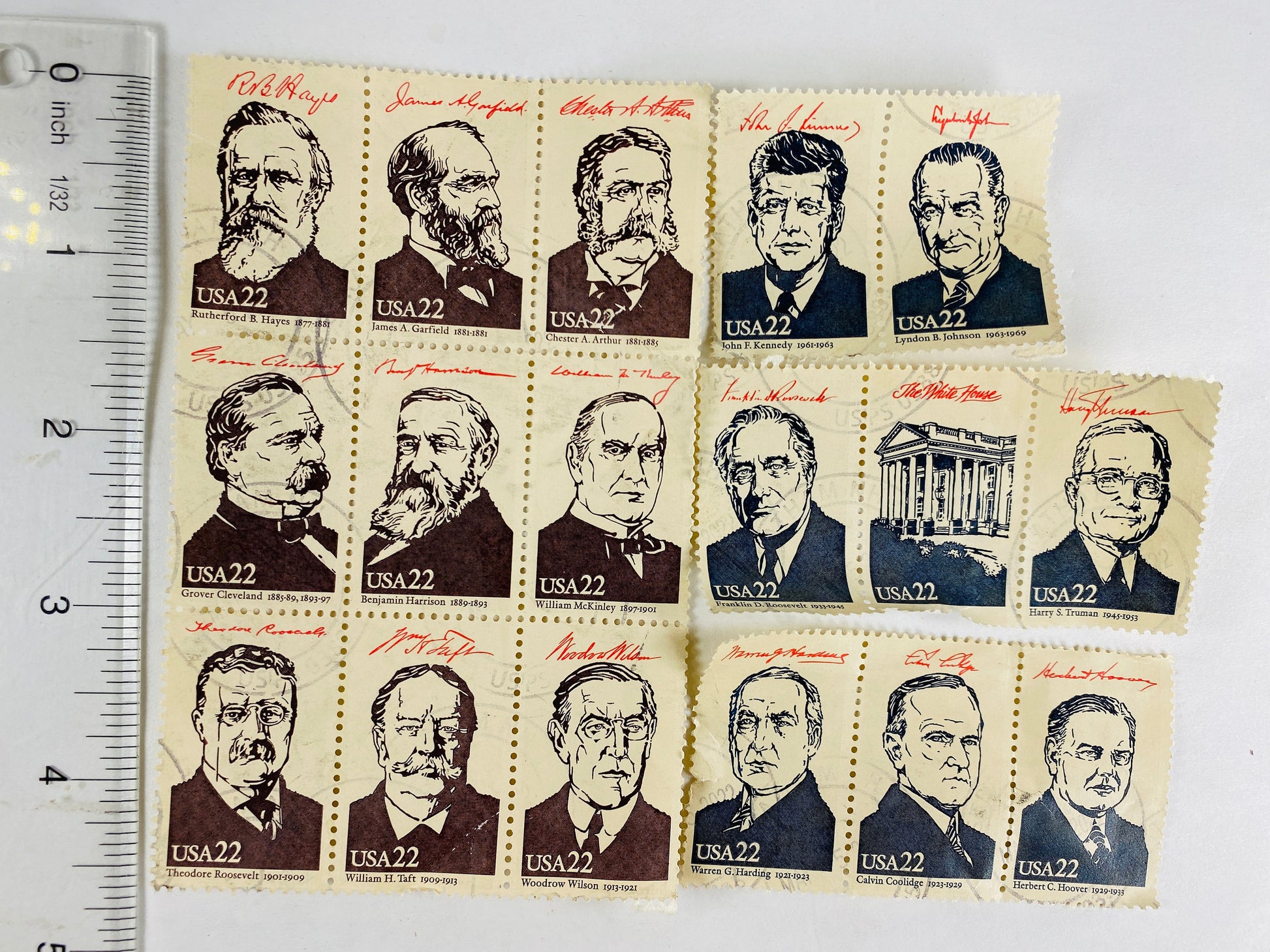 Lot of 17 commemorative stamps depicting a US President and the White House circa 1986 USED postage