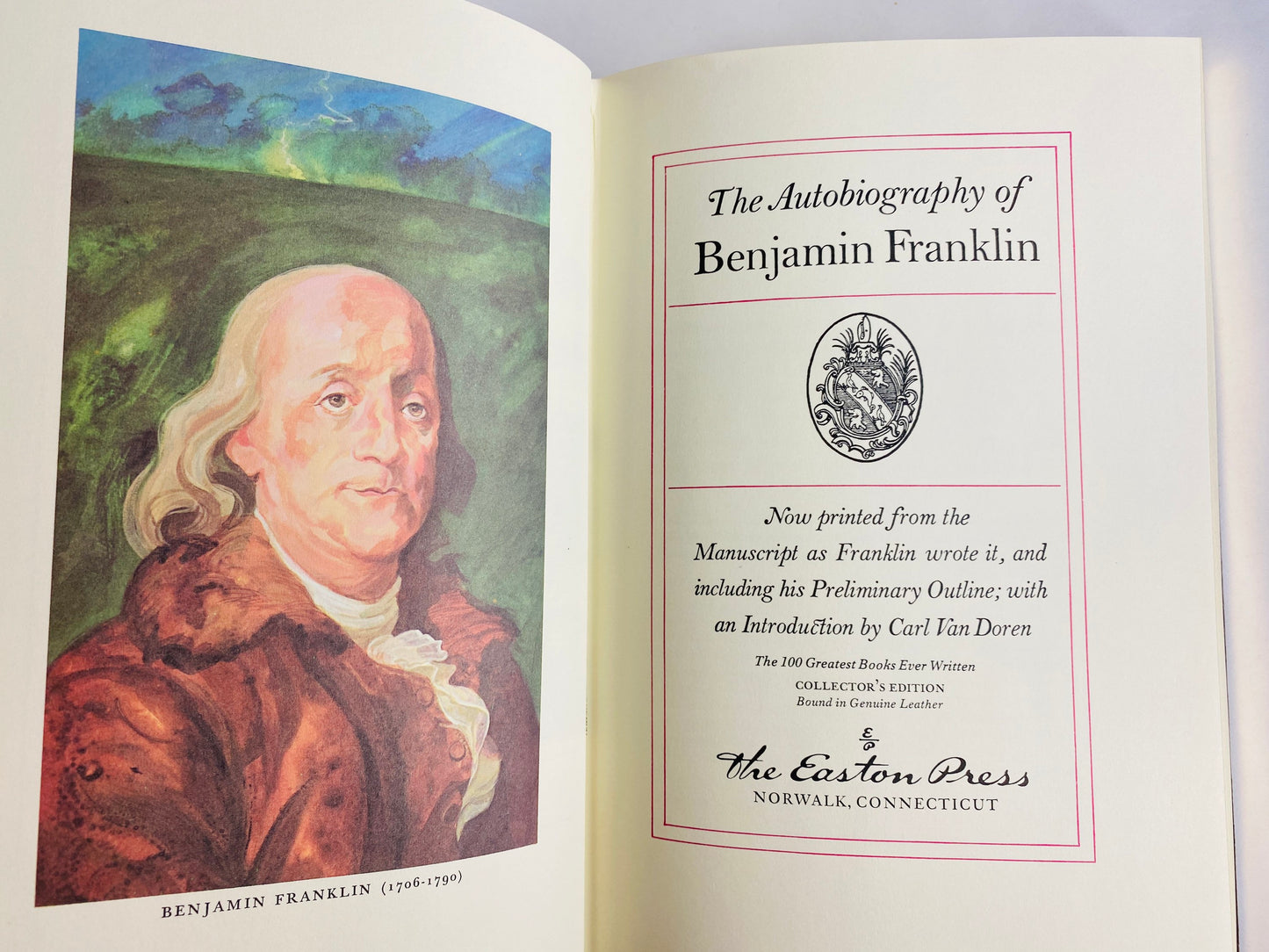 Benjamin Franklin autobiography vintage Easton Press leather book circa 1976 beautiful brown binding gold tooling
