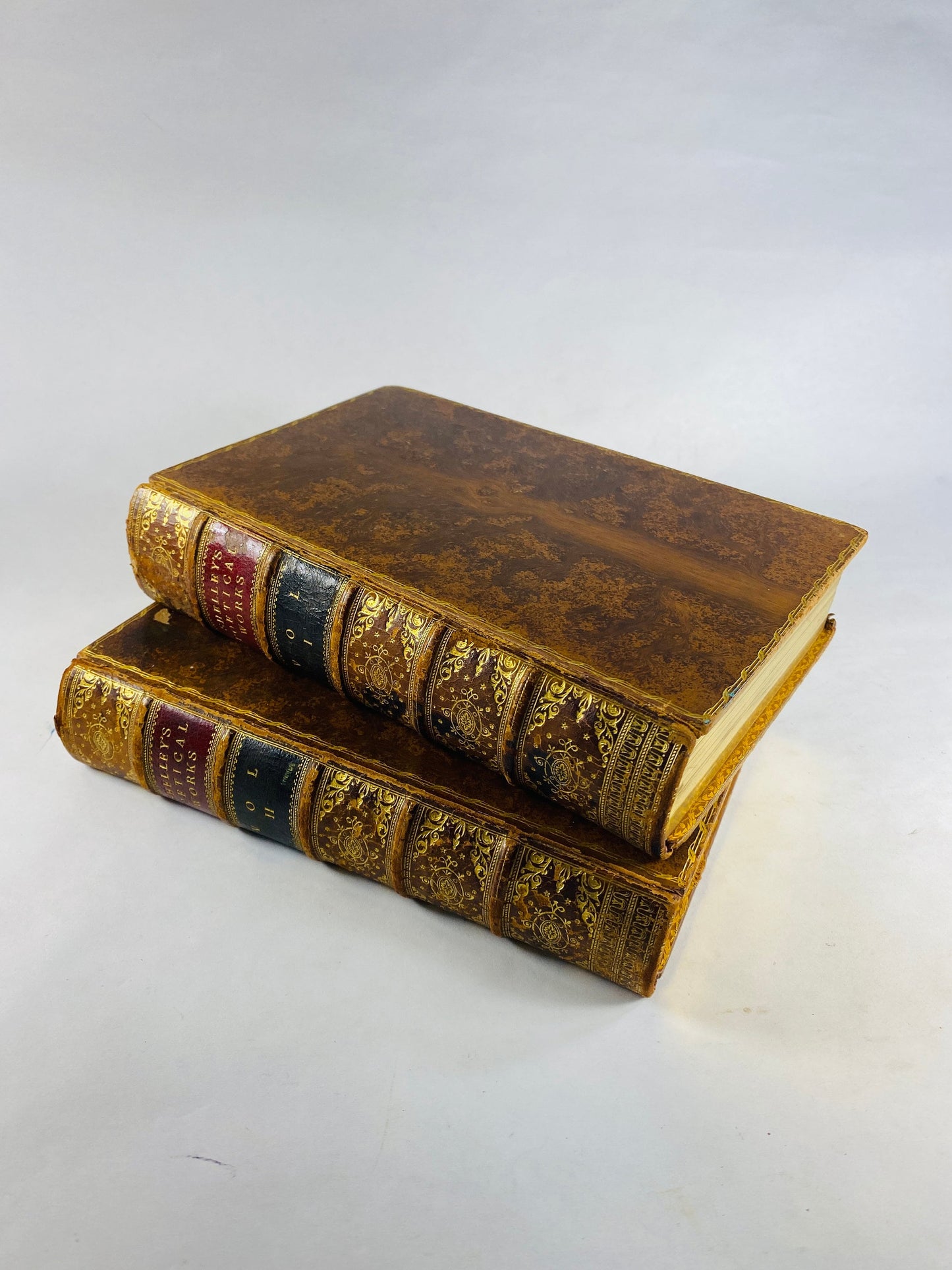 Poetical Works of Percy Bysshe Shelley antique set circa 1886 Vintage poetry books with brown leather, marbeled boards Adonais & other poems