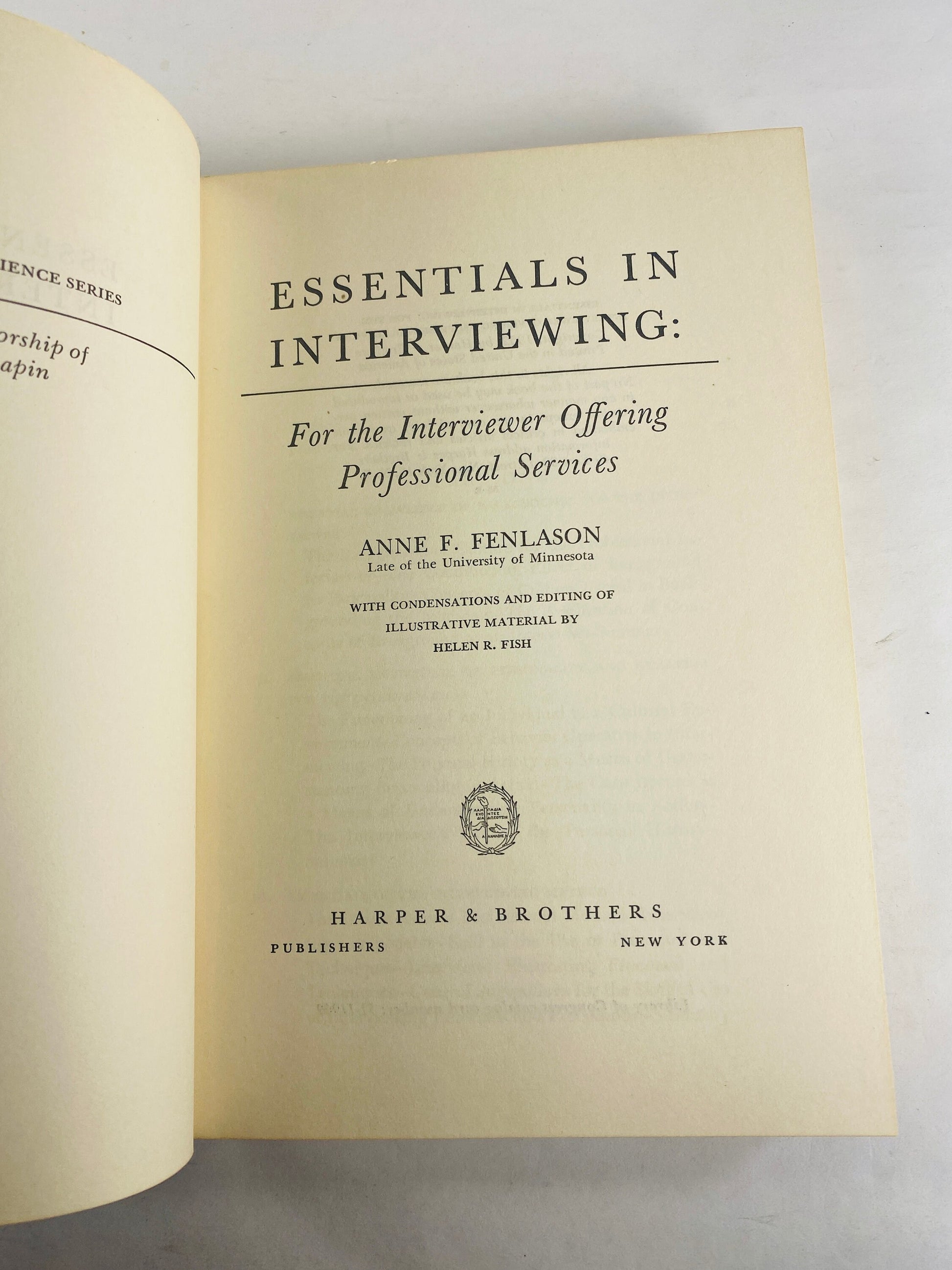Essentials in Interviewing for the Interviewer vintage book by Anne Fenlason circa 1952. Career guidance and skills