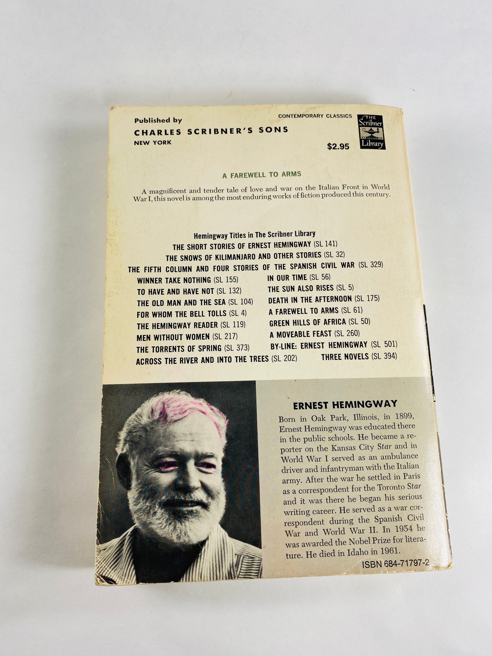 Hemingway Farewell to Arms Vintage Scribner's Library paperback book circa 1969 Grey home office decor. Collectible gift