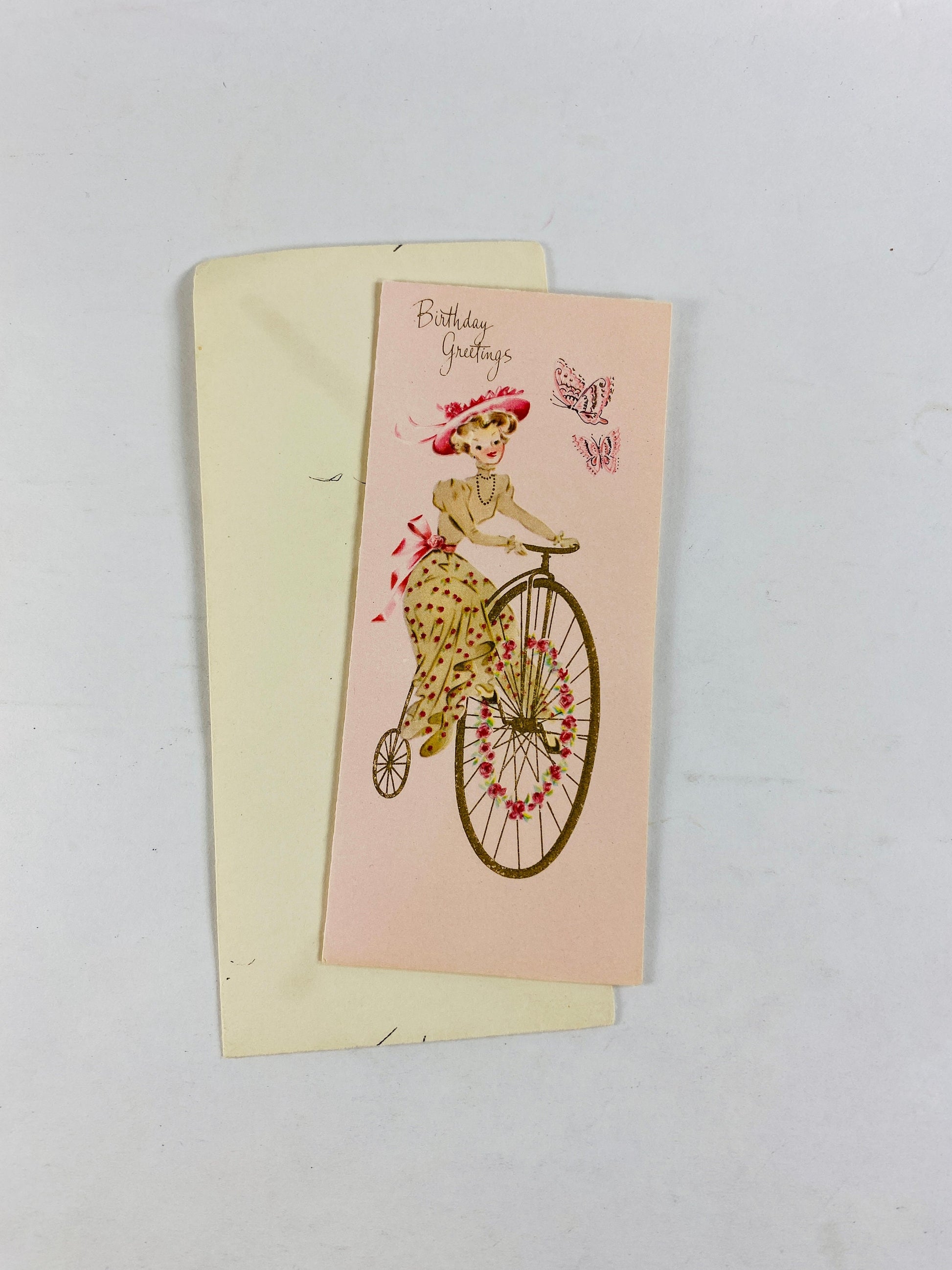 1960 Vintage pink birthday greeting card sweet Unused Sunshine card retro girl on bicycle Happy birthday friend