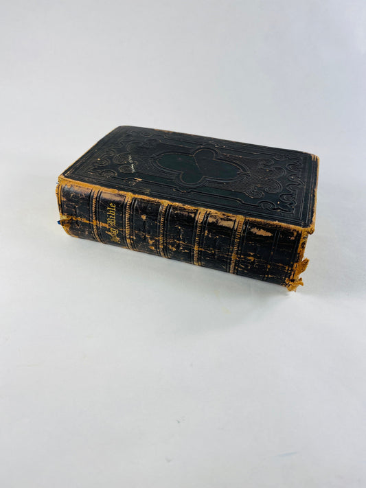 1865 Civil War era Holy Bible worn leather and stamped gilt New York American Bible Association small miniature Old & New Testament