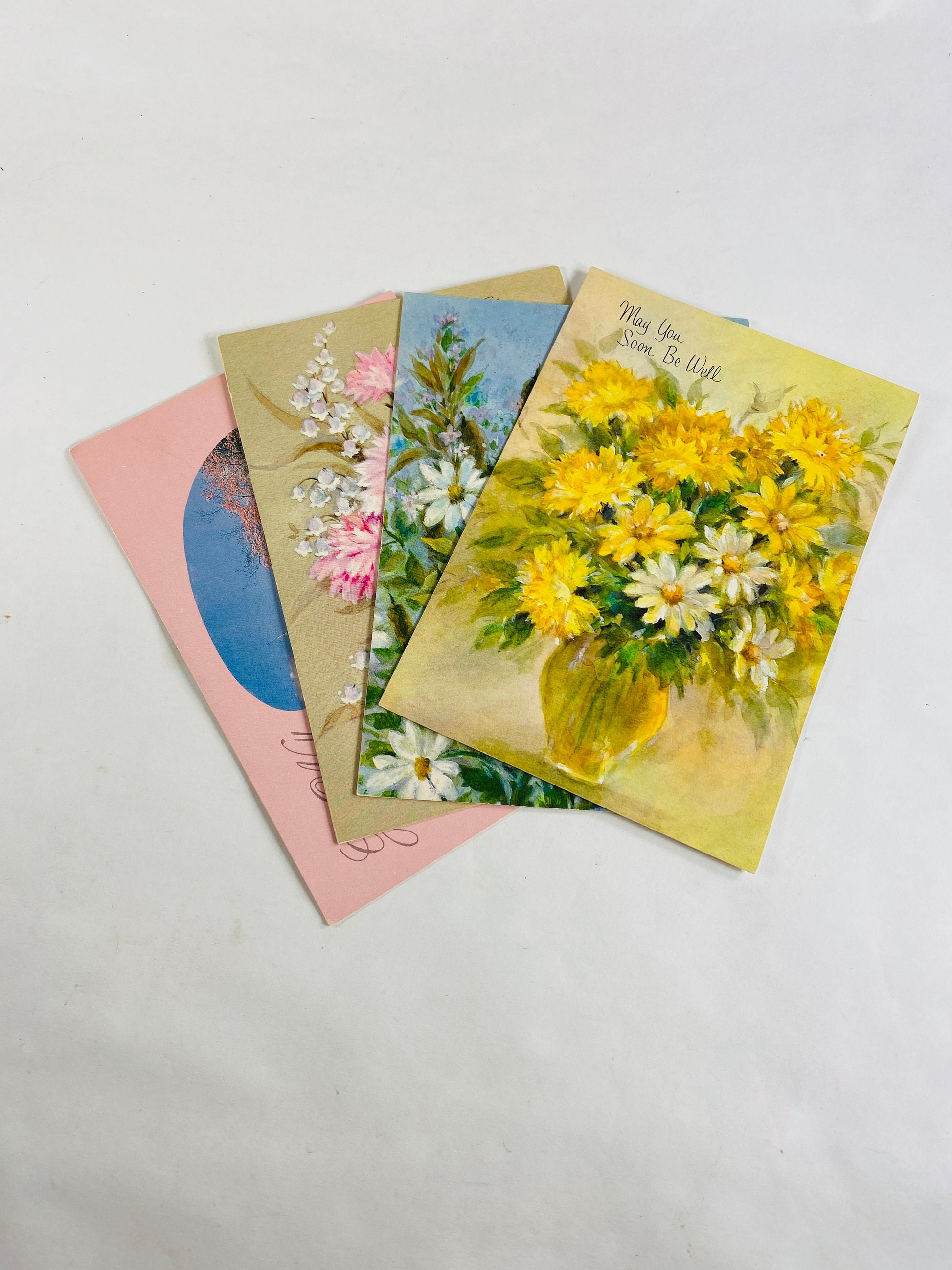 Vintage 1960s best wishes get well cards Lot of 4 UNUSED greetings in good condition! Flowers roses nature decor Sunshine made in the USA