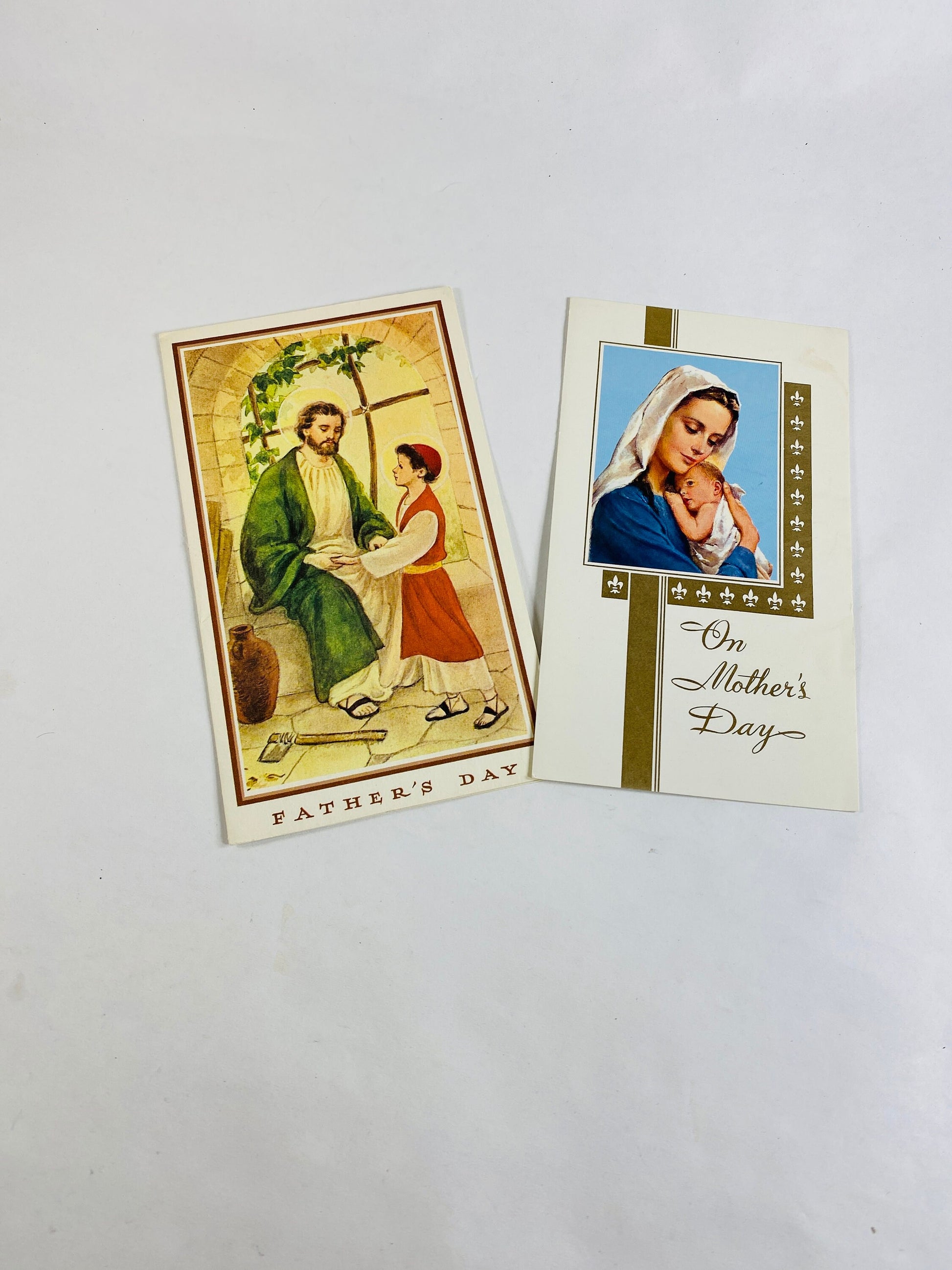 Vintage 1960s Catholic Mother's Day and Father's Day greeting card lot Jesus Christ mass. St. Joseph Elinore Blaisdell