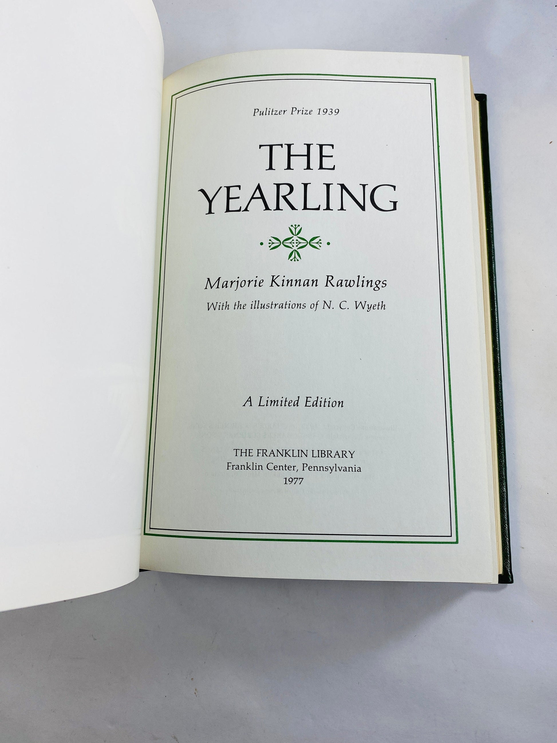 Yearling vintage Marjorie Kennan Rawlings leather book circa 1977 Franklin Library Pulitzer Prize novel set about fawn in northern Florida