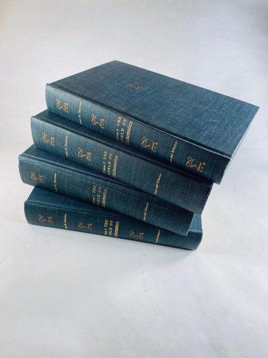 World of Mathematics FIRST EDITION vintage book set circa 1956 by James Newman Four volume lot Literature Einstein bookshelf decor blue