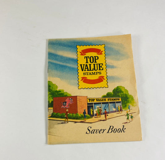 Authentic Top Value Green Stamps Saver booklet with pasted stamps by Top Saver circa 1966. Grocery Store coupons 1960s prop staging decor
