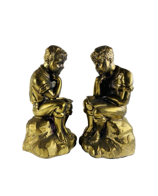 Bronze Curly Haired Barefoot Boy Reading a Book outside vintage bookends circa 1960s. Bronzed cast metal. Gorgeous bookshelf decor gift