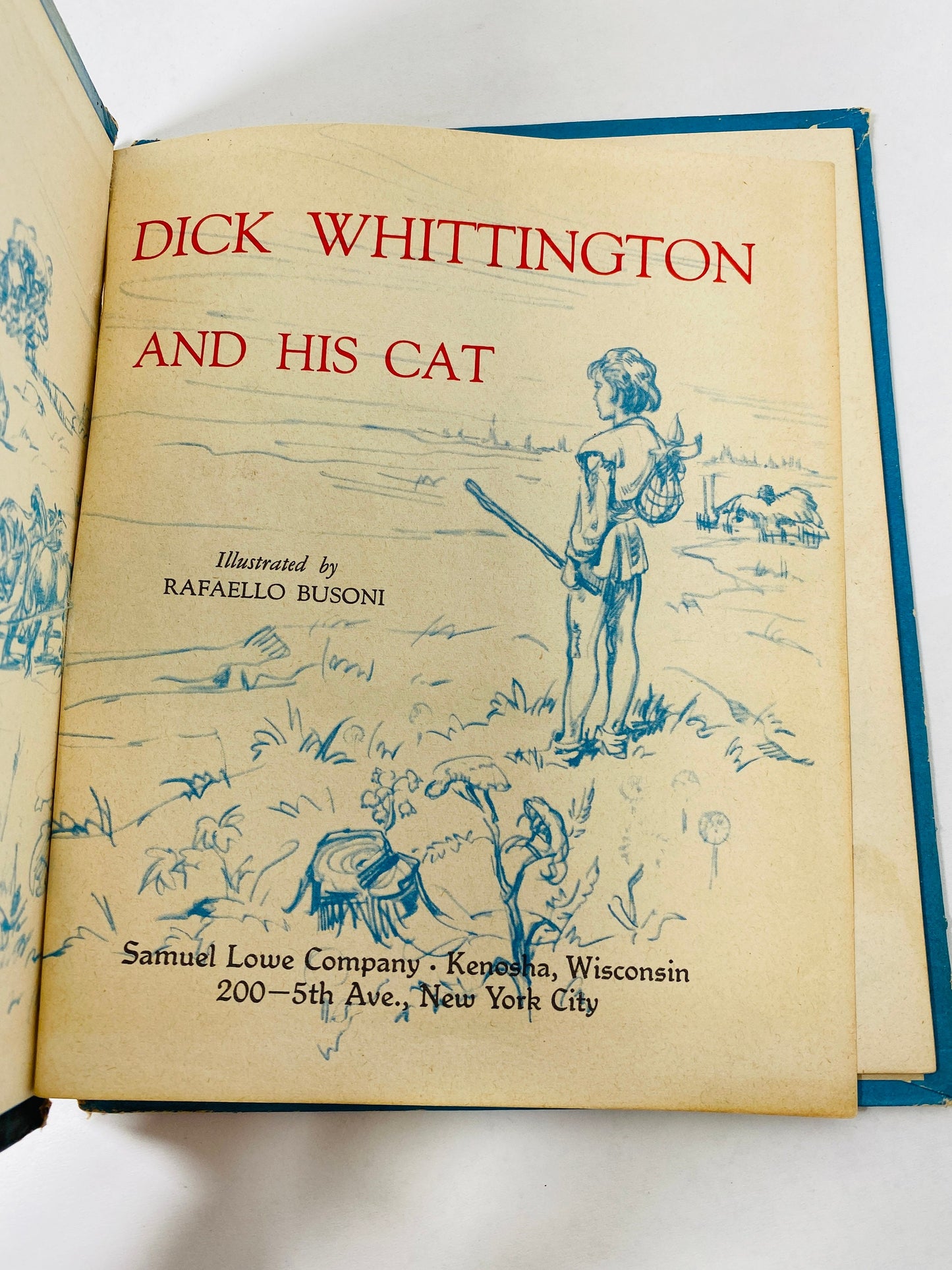 Dick Wittington and his cat Vintage Bonnie book circa 1953 Cat lover, pet lover gift. Blue decor stocking stuffer.