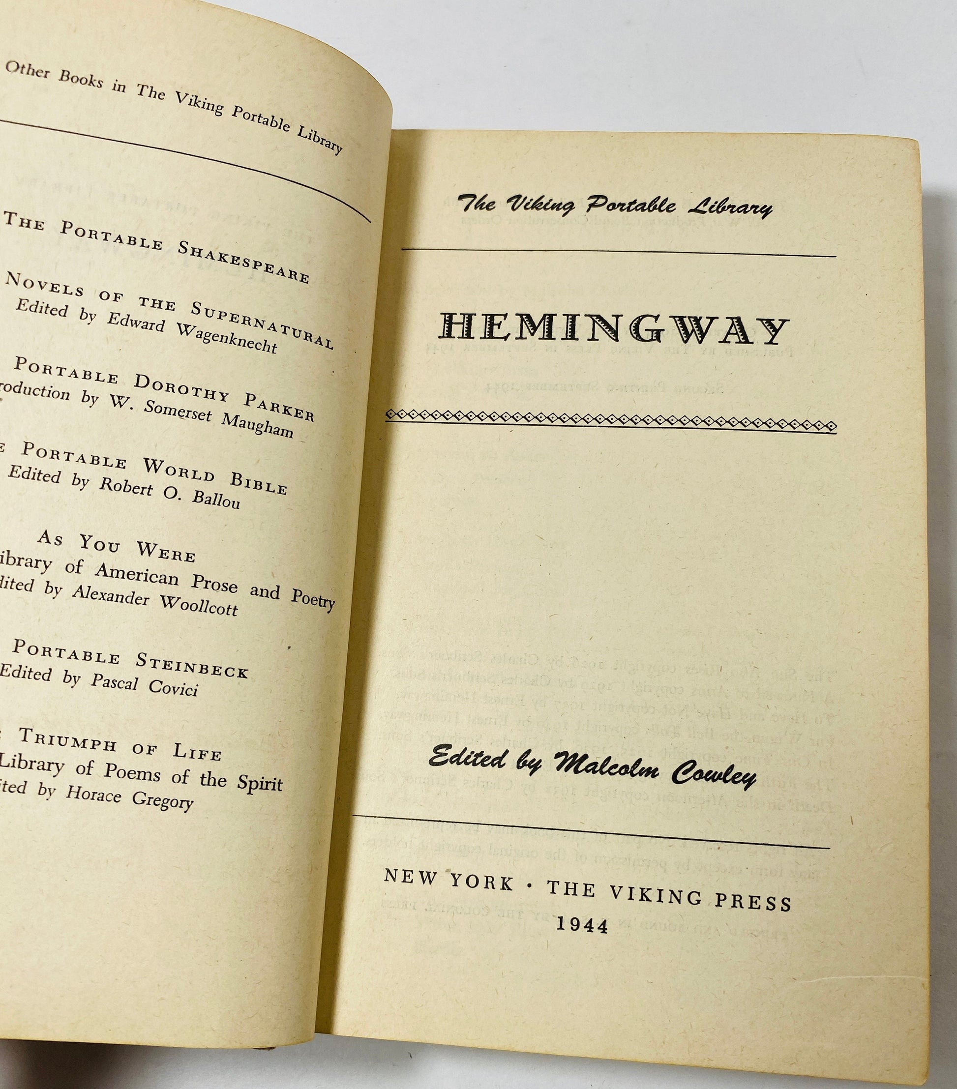 Vintage Ernest Hemingway Viking Portable Library book circa 1944 Pulitzer Prize Presented by New York Freemasons Grand Lodge to Armed Forces
