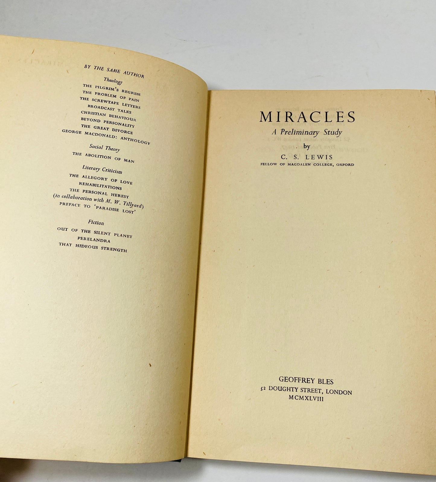 1948 Miracles by CS Lewis vintage book EARLY PRINTING about Christianity and God's intervention in nature Preliminary Study Geoffrey Bles