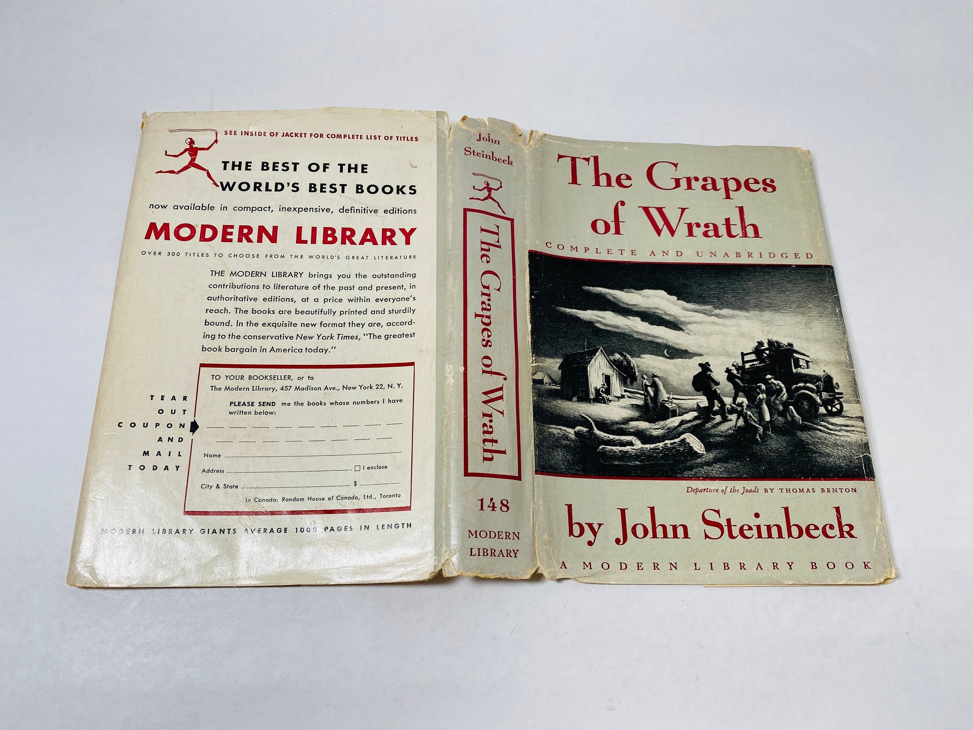Grapes of Wrath vintage book by John Steinbeck Modern Library circa 1939 with dust jacket and green cloth binding book decor Literature gift