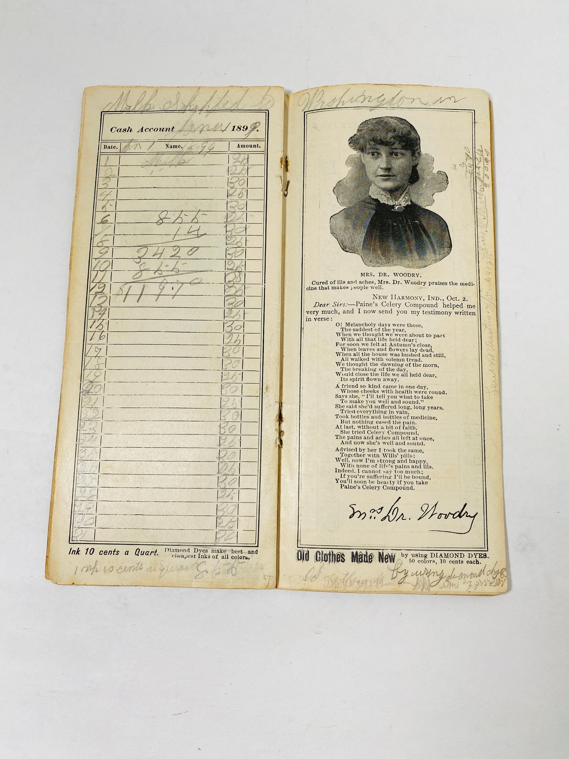 1896 Antique handwritten druggist Clinton E Main of Frederick Maryland cash book published by Wells, Richardson & Co, Burlington