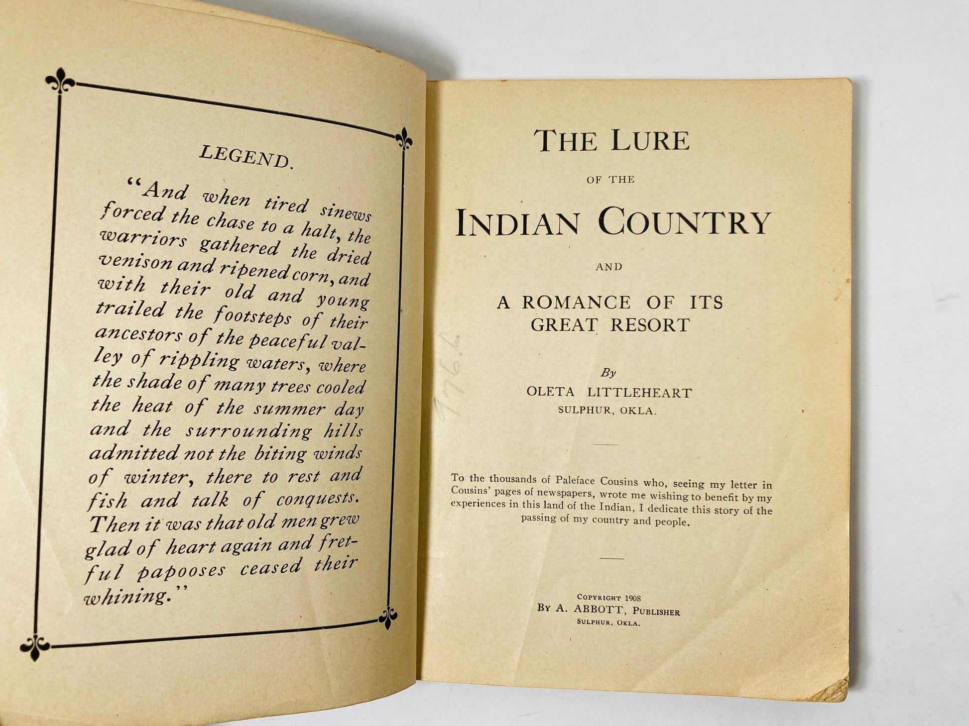 1908 Native American vintage First Edition paperback book Oleta Littleheart Lure of the Indian Country and a Romance of its Great Resort