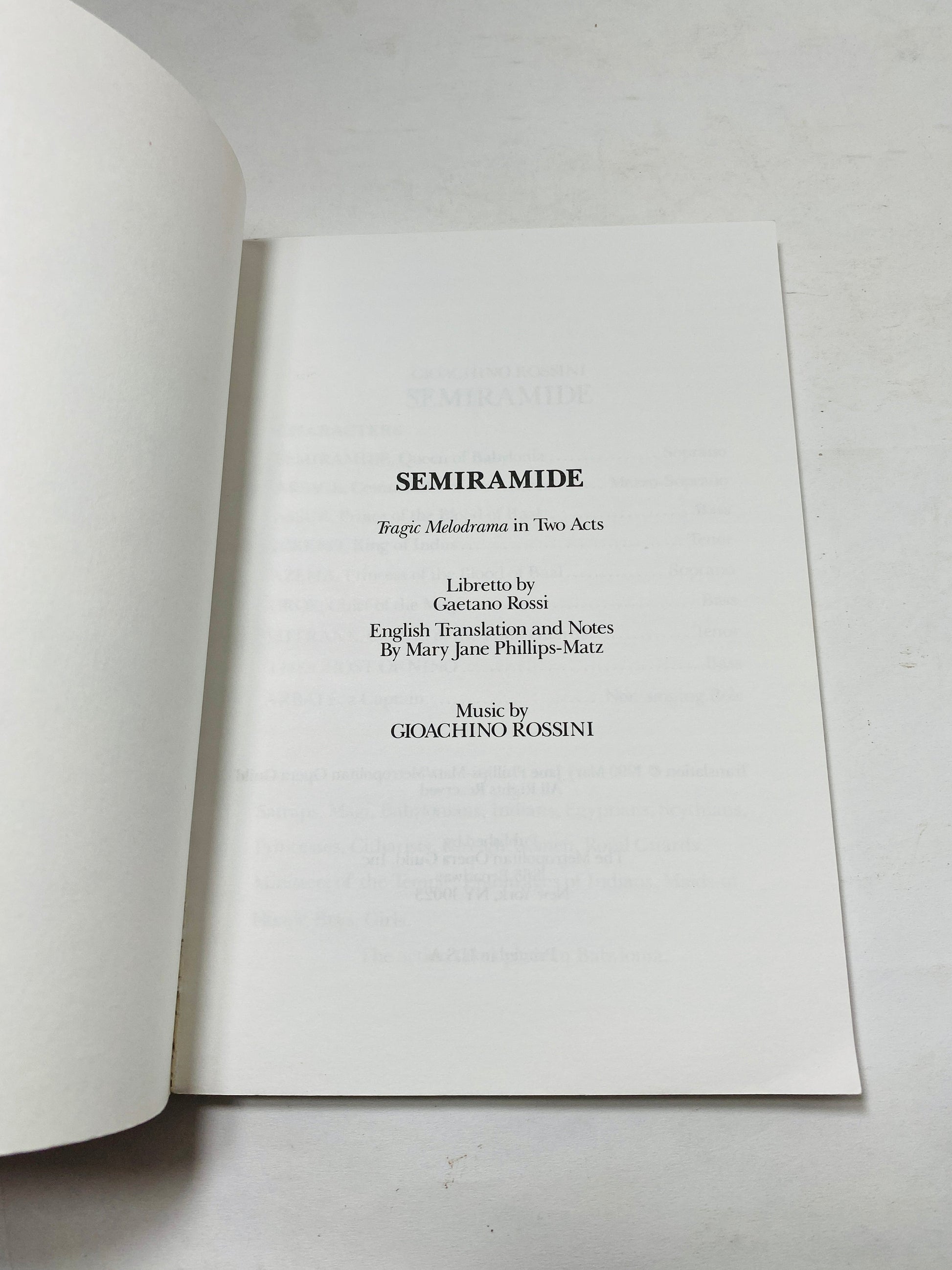 Semiramide Libretto Metropolitan Grand Opera New York City Tragic Melograma Gaetano Rossi circa 1990 vintage paperback book