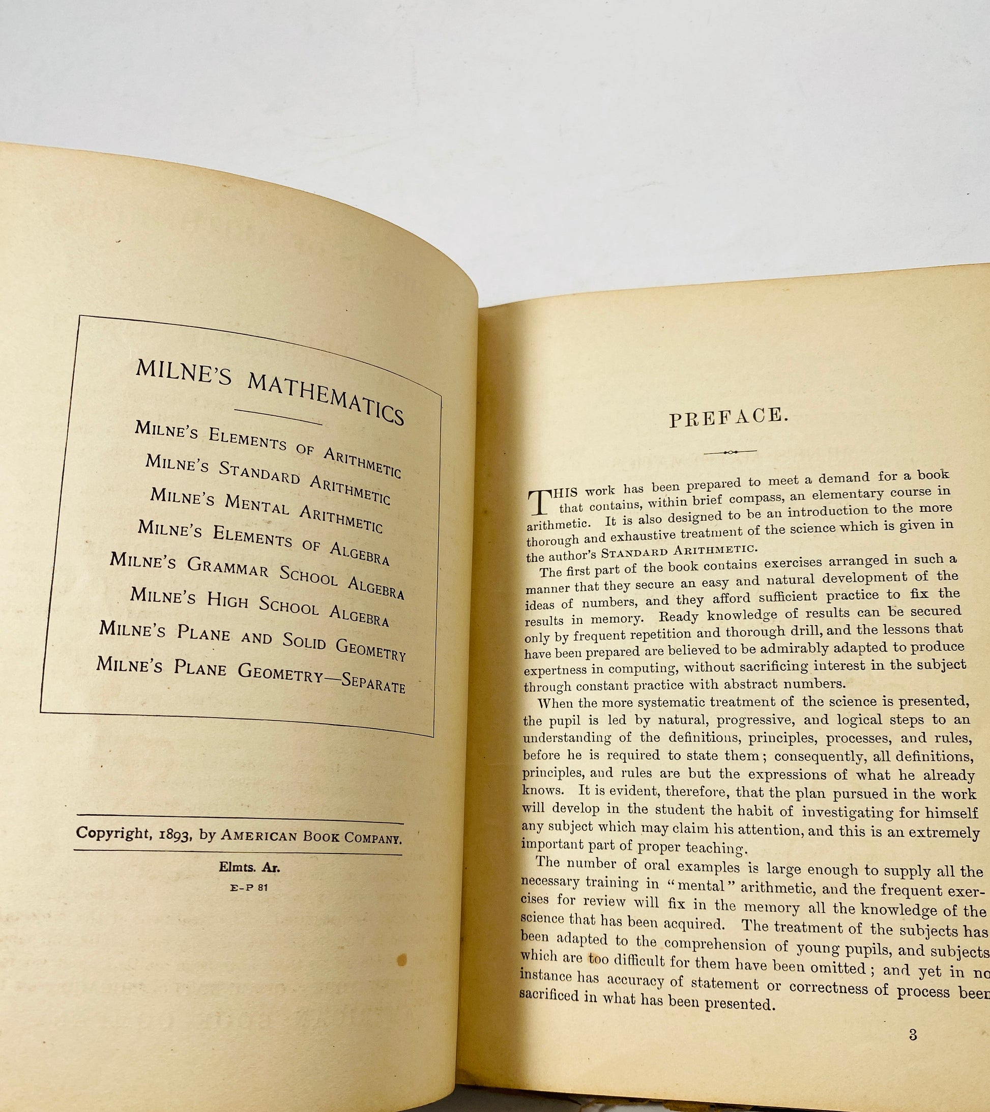 1893 William Milne antique Mathematics juvenile Arithmetic Textbook. United States vintage school book. Gold embossed Brown POOR Condition
