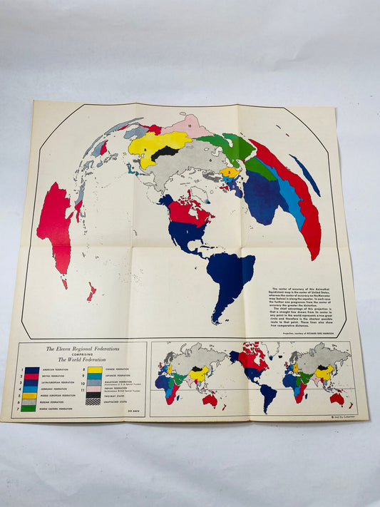 1943 ORIGINAL Historic Map of the 11 Regional Federation comprising the World Federation System vintage map United Nations Ely Culbertson